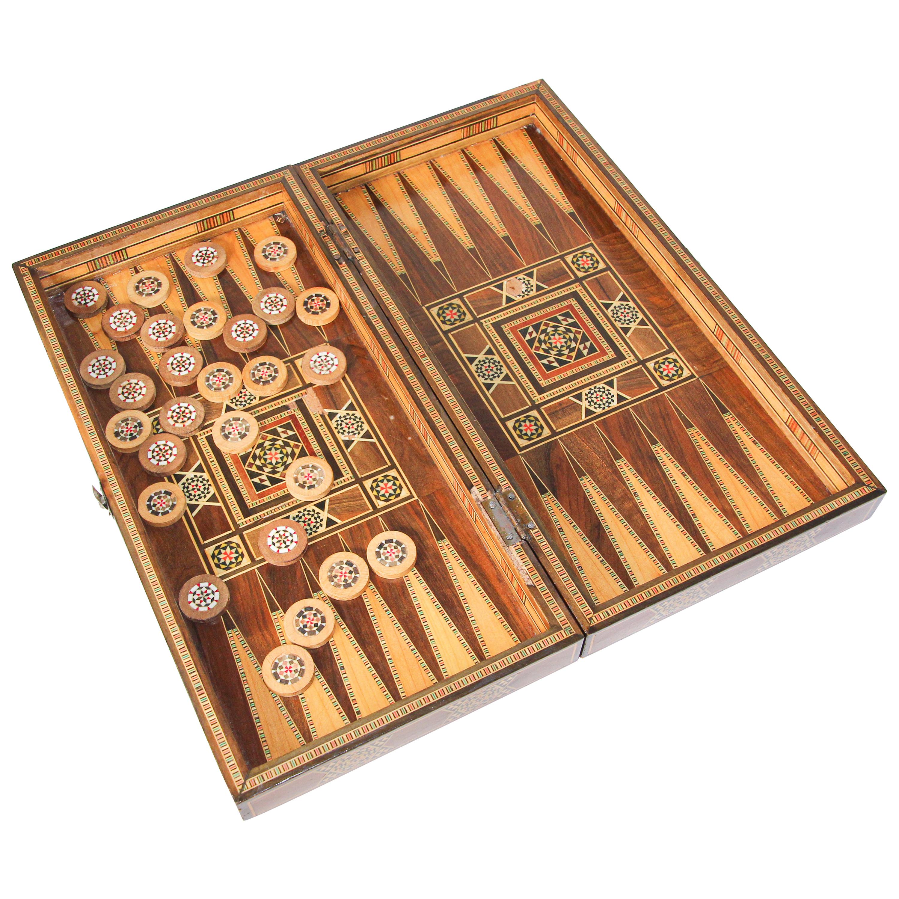 Vintage Midcentury Large Complete Syrian Inlaid Mosaic Backgammon and Chess Game