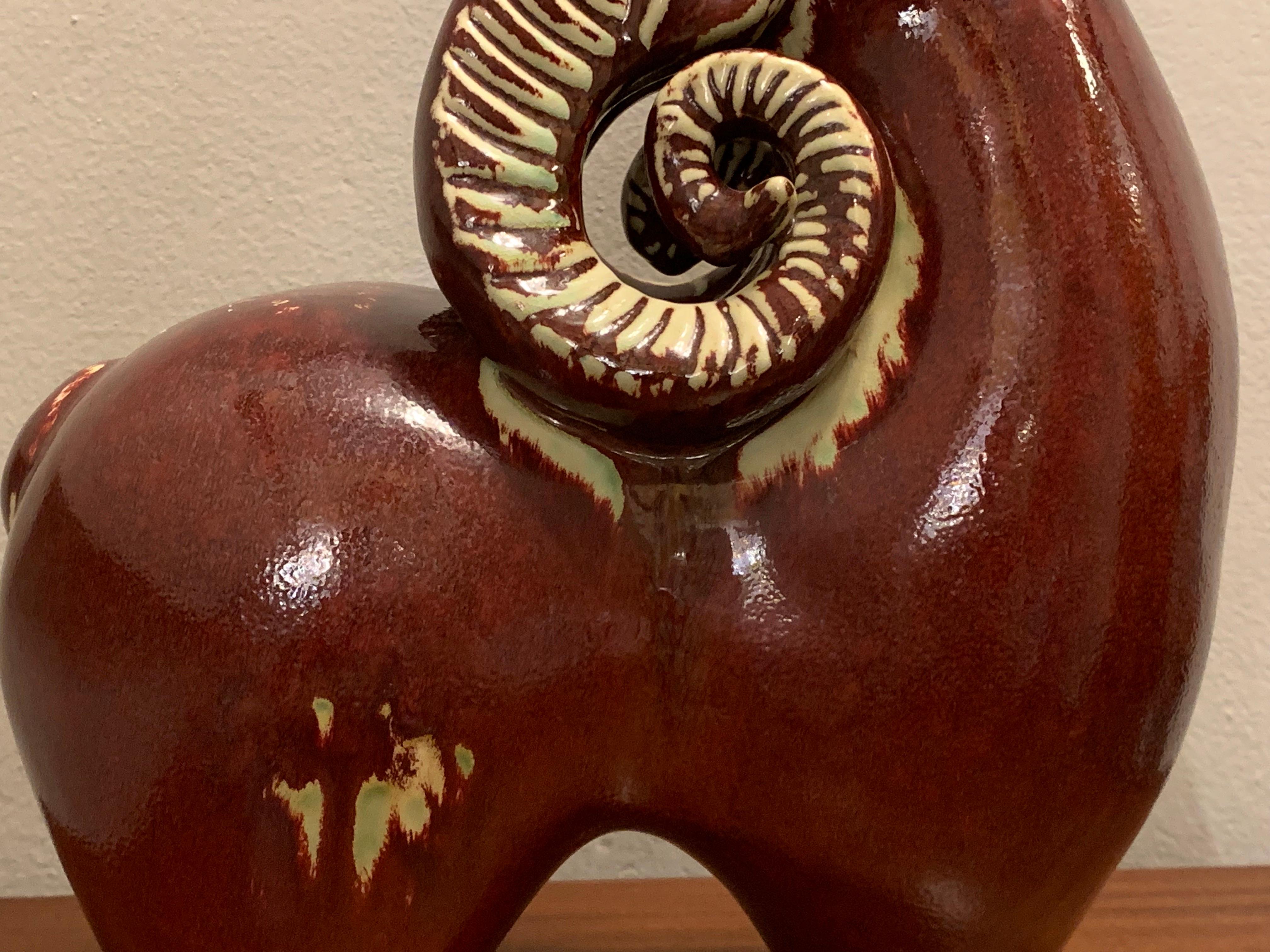 Vintage Midcentury Large Italian Red and White Glazed Ceramic Ram Sculpture In Excellent Condition In London, GB