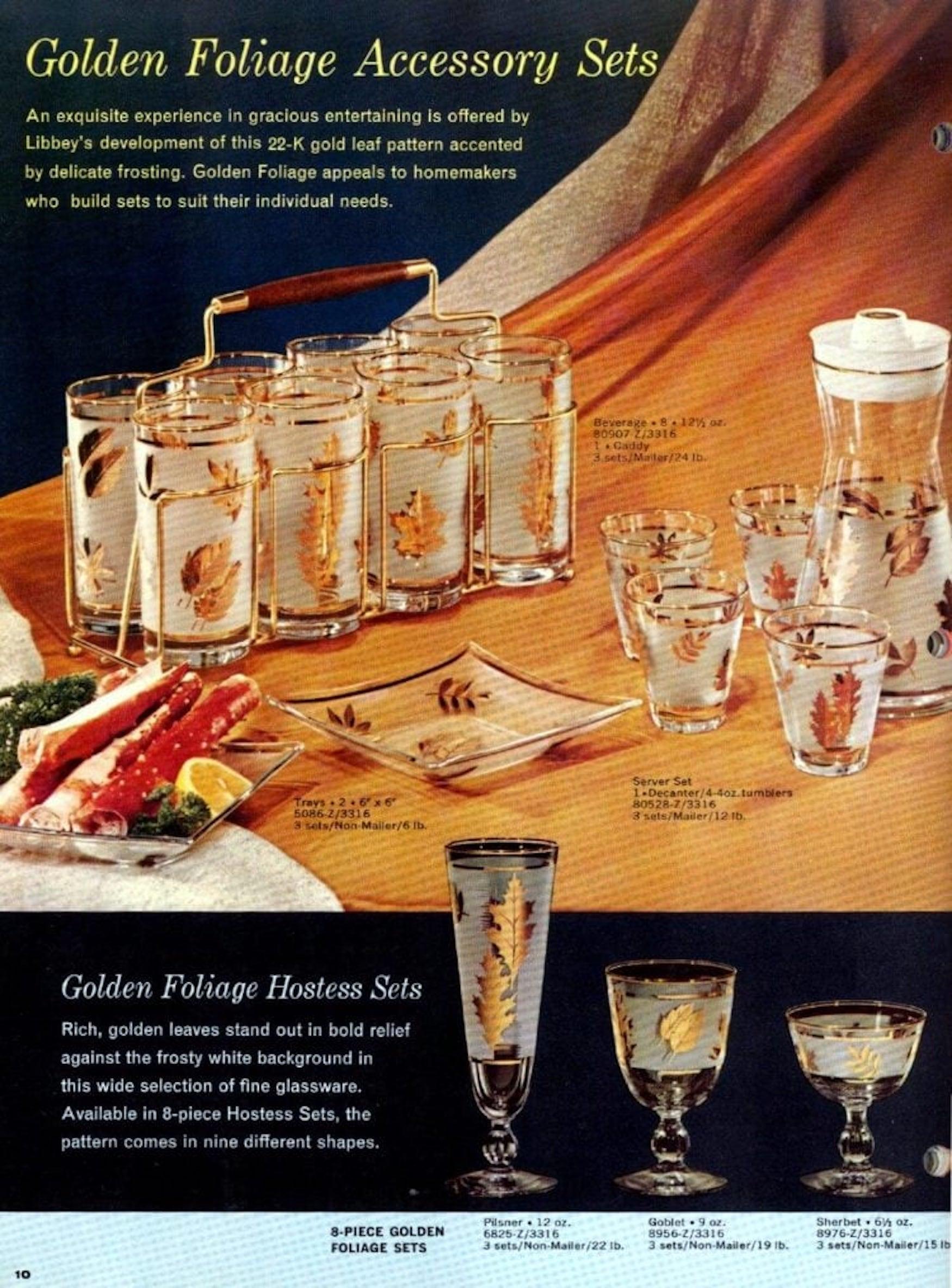 Mid-20th Century Vintage Midcentury Libbey Set of 13 Frosted and Golden Foliage Cocktail Glasses