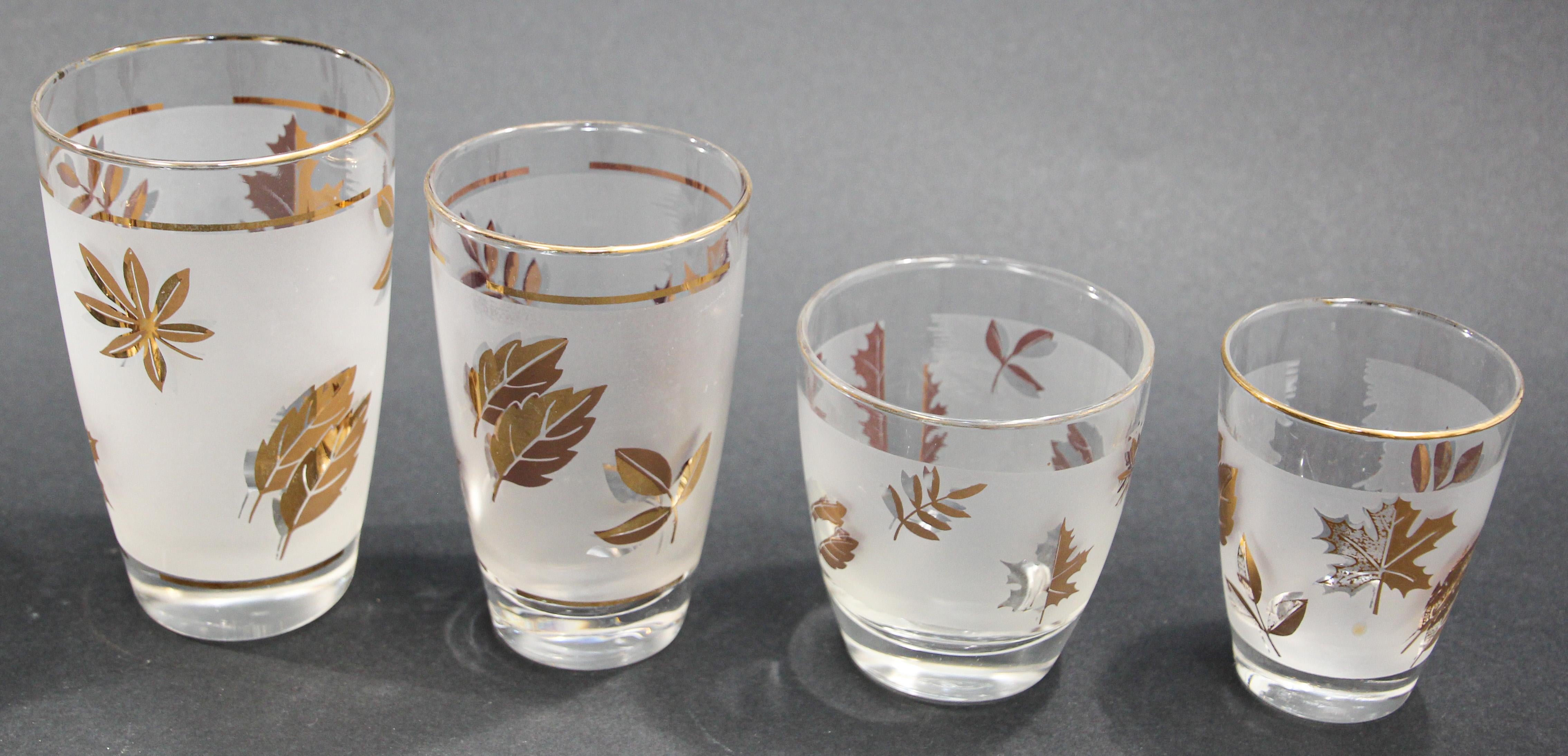 Mid-Century Modern Vintage Midcentury Libbey Set of 13 Frosted and Golden Foliage Cocktail Glasses