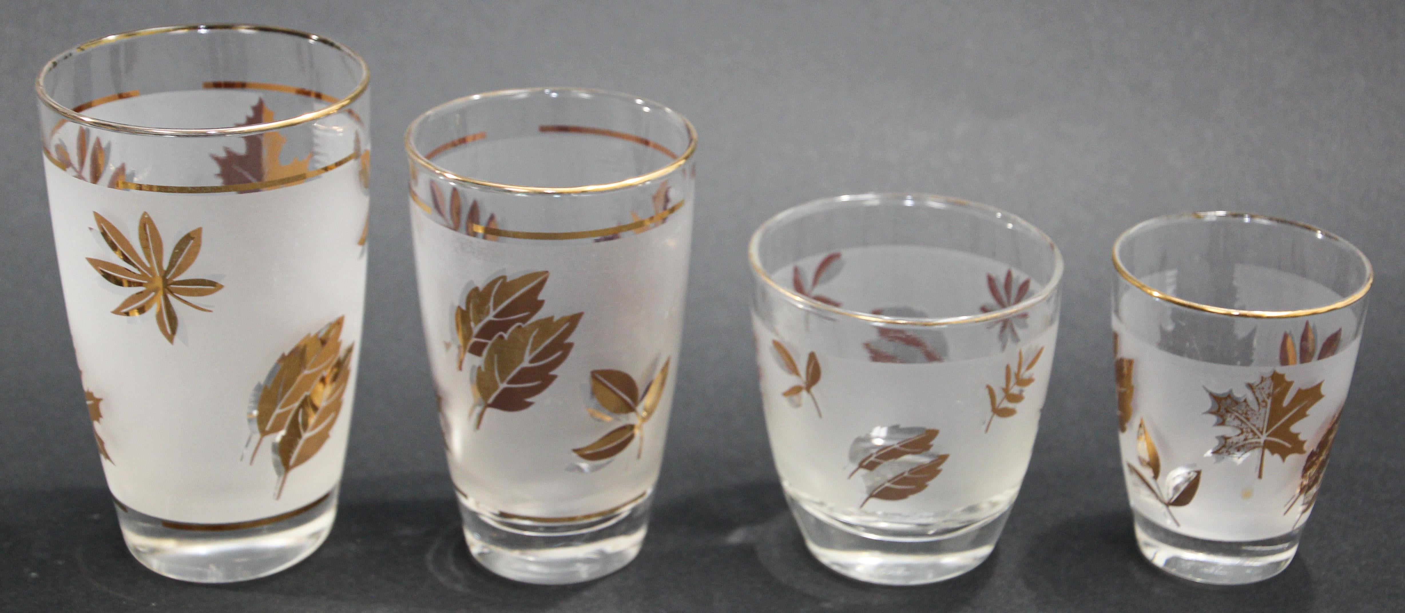 American Vintage Midcentury Libbey Set of 13 Frosted and Golden Foliage Cocktail Glasses