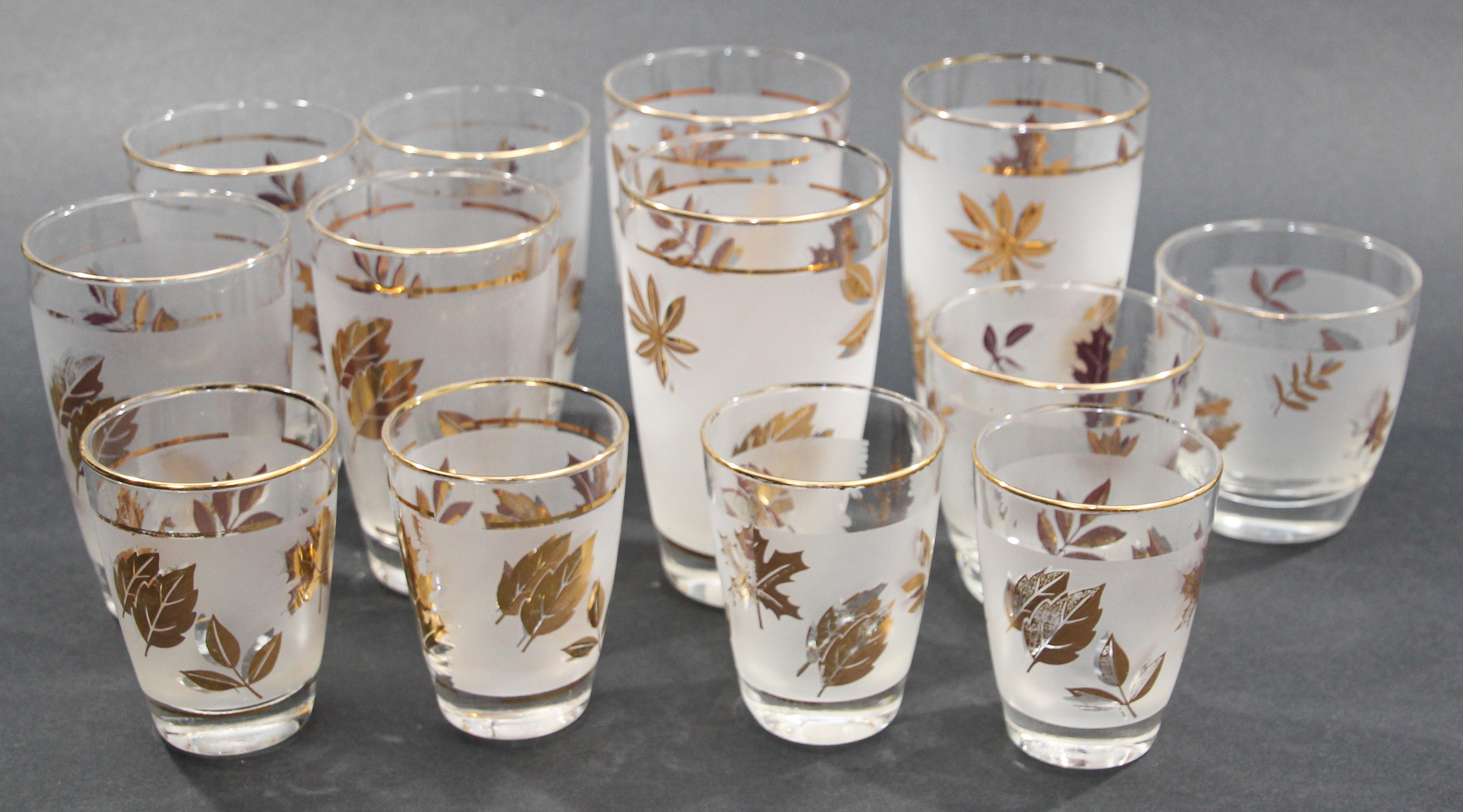 Hand-Crafted Vintage Midcentury Libbey Set of 13 Frosted and Golden Foliage Cocktail Glasses