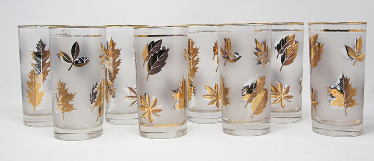 Vintage Set 7 Drinking Glasses 8 oz Frosted Gold Leaf Design Mid