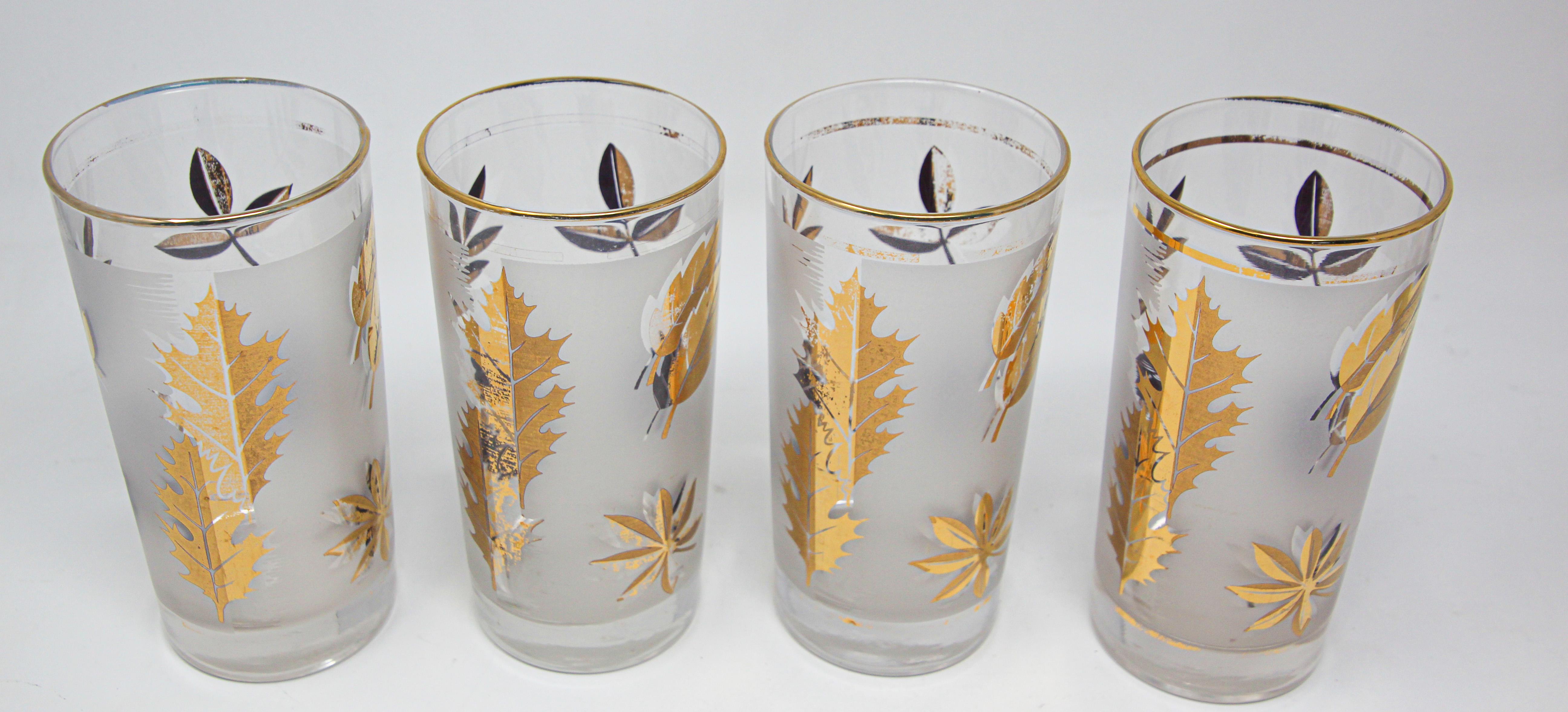 Mid-Century Modern Vintage Midcentury Libbey Set of Eight Highball Frosted and Gold Glasses For Sale