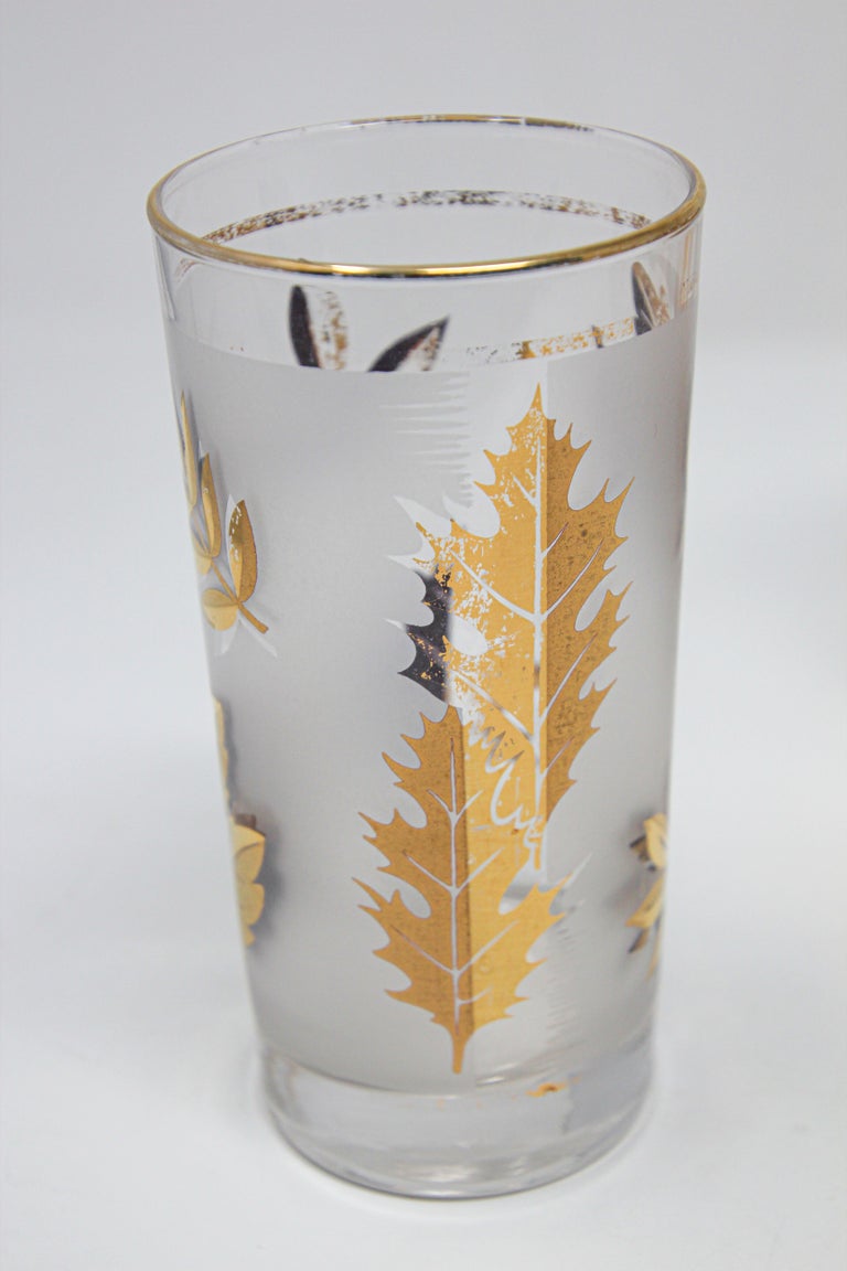 Vintage Libbey 1960s - 1970s Frosted Gold Leaf Drinking Glasses Set of 4