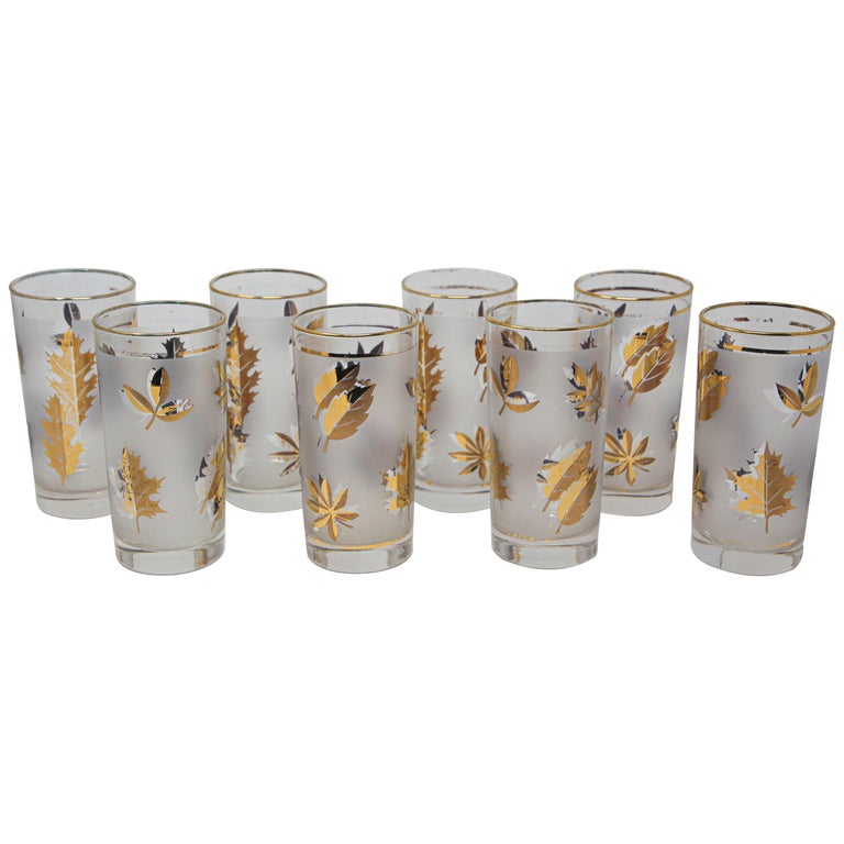 Vintage Midcentury Libbey Set of Eight Highball Frosted and Gold