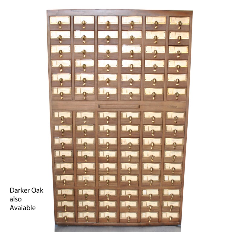 Vintage Midcentury Library 90 Drawer Oak Card File Cabinet For