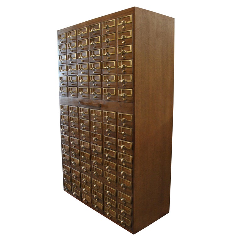Vintage Midcentury Library 90 Drawer Oak Card File Cabinet For