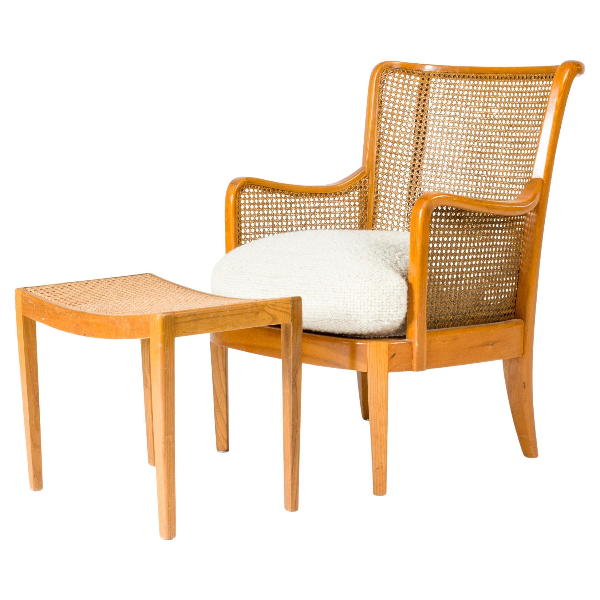 Vintage Midcentury Lounge Chair and stool, Margareta Köhler, Sweden, 1940s For Sale