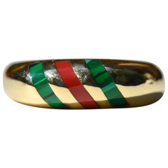 Vintage Midcentury Malachite and Red Coral 14 Karat Gold Inlay Band Ring