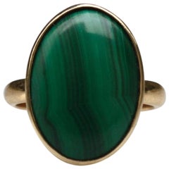 Vintage Midcentury Malachite Oval 14 Karat Gold Solitaire Cocktail Ring