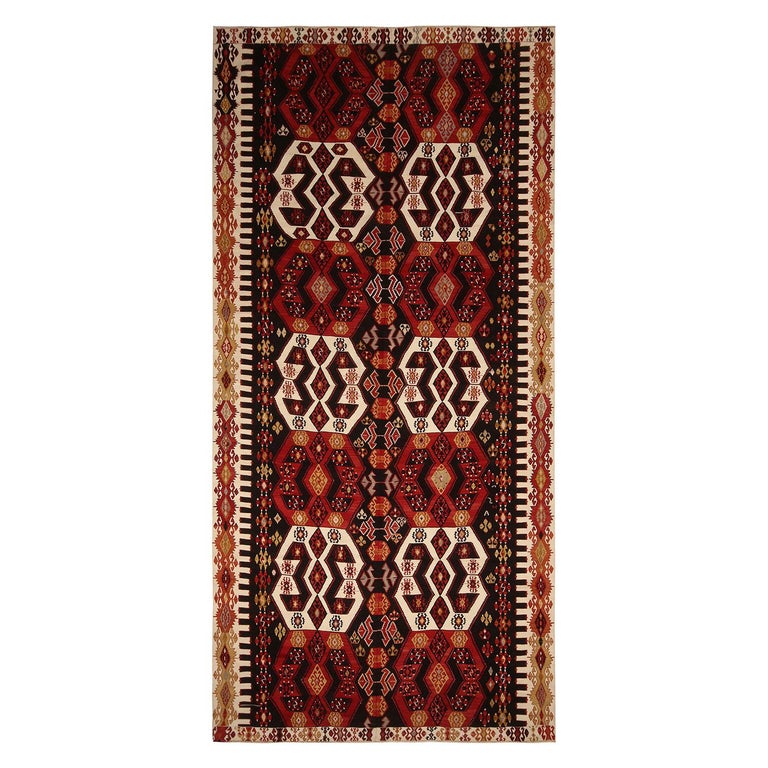 Vintage Midcentury Malatya Red and Off-White Wool Kilim Rug For Sale