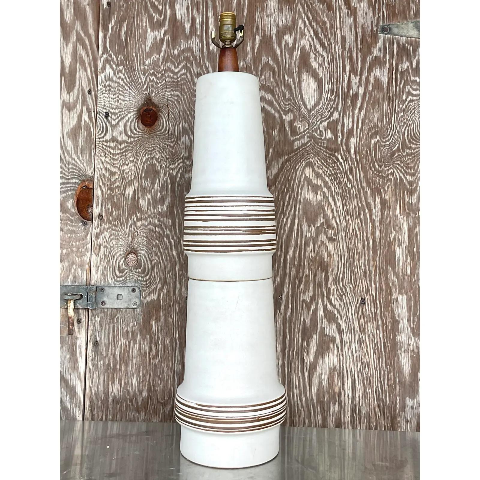 Vintage Midcentury Martz Signed Stacked Ceramic Table Lamp In Good Condition For Sale In west palm beach, FL