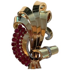 Vintage Midcentury Massive Cabochon Ruby Diamond Brooch