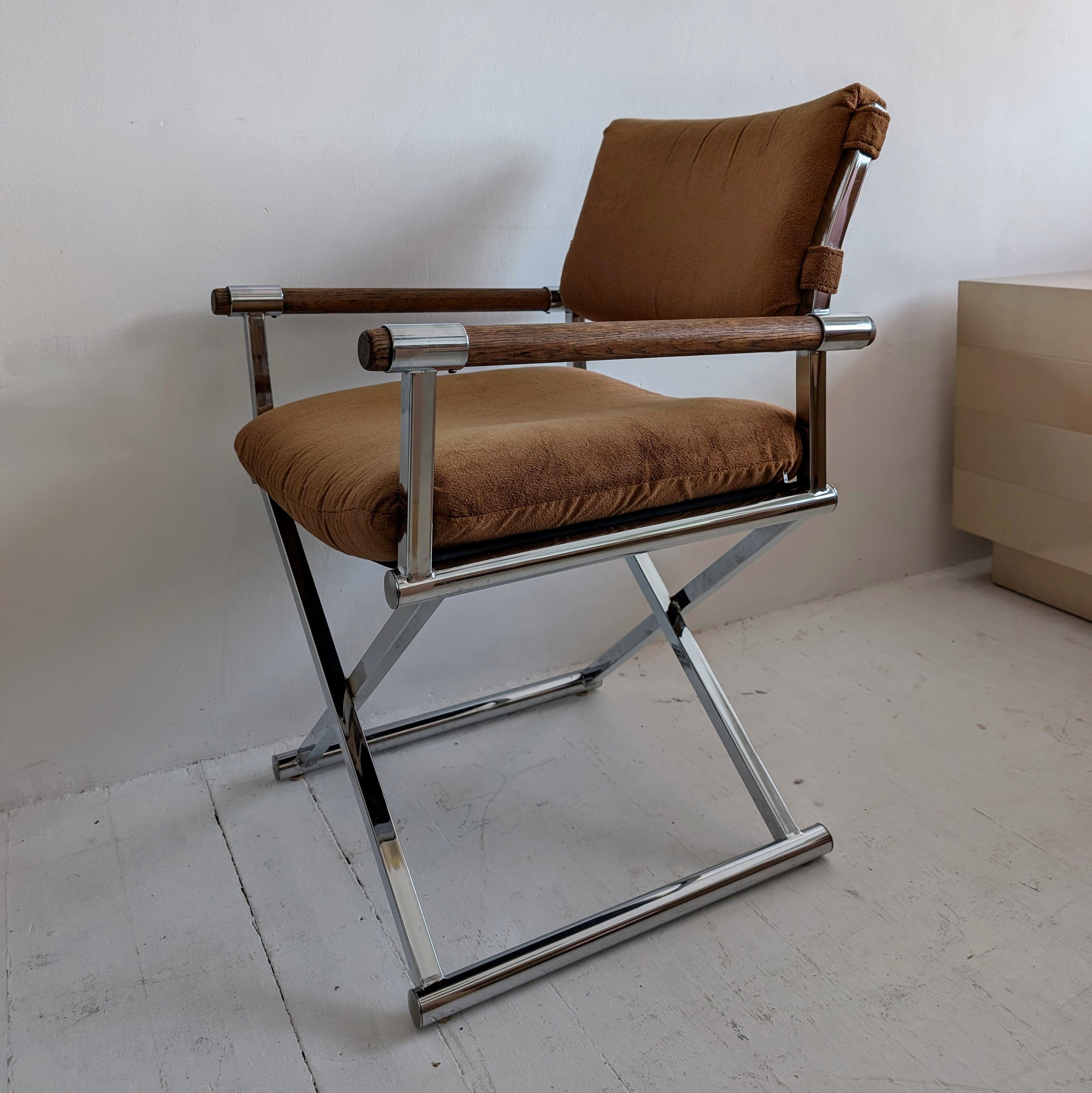 20th Century Vintage midcentury Milo Baughman-style chrome/oak director's chairs, 2 available