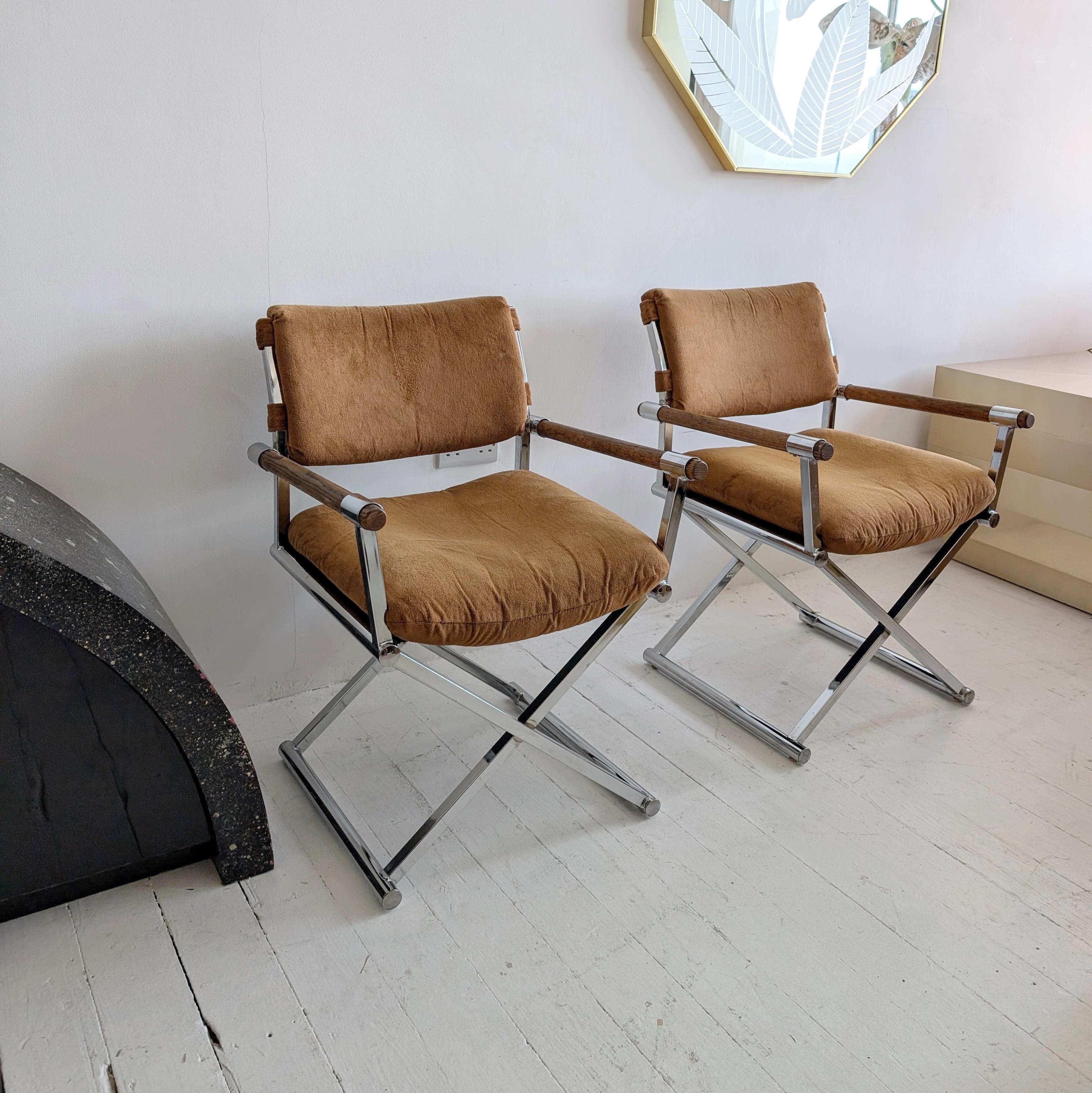 Fabric Vintage midcentury Milo Baughman-style chrome/oak director's chairs, 2 available
