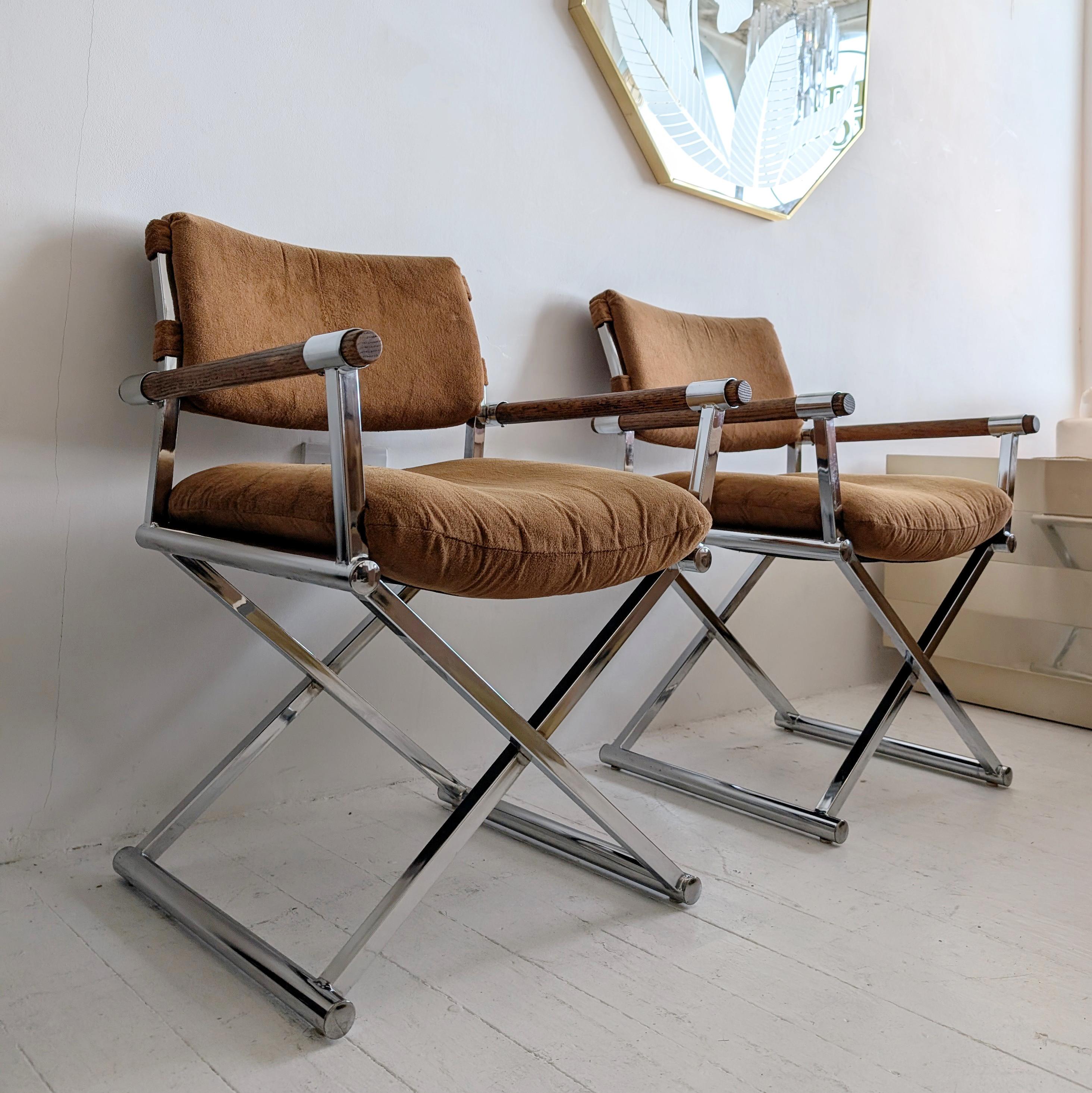 Vintage midcentury Milo Baughman-style chrome/oak director's chairs, 2 available 1