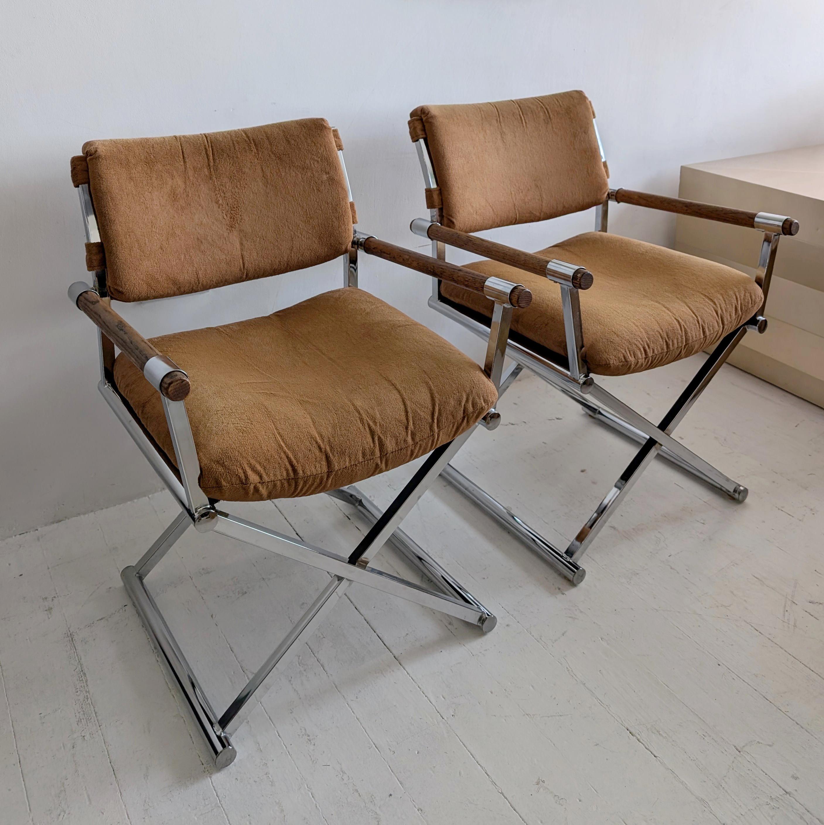 Vintage midcentury Milo Baughman-style chrome/oak director's chairs, 2 available 2