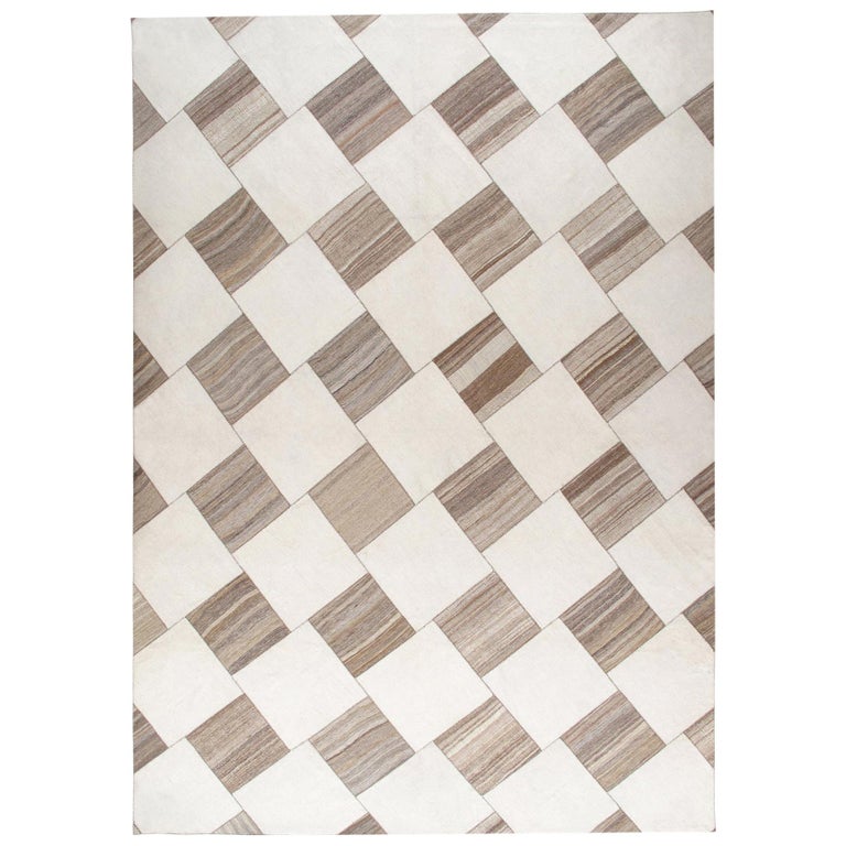Vintage Midcentury Minimalist Patchwork Flat-Weave Rug For Sale at 1stDibs