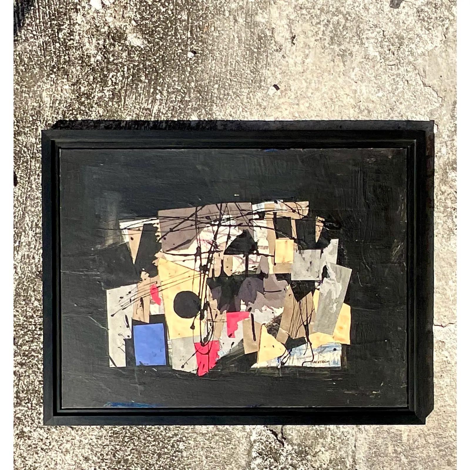 Vintage MidCentury Mixed Media Abstract Original Oil Painting on Board In Good Condition For Sale In west palm beach, FL