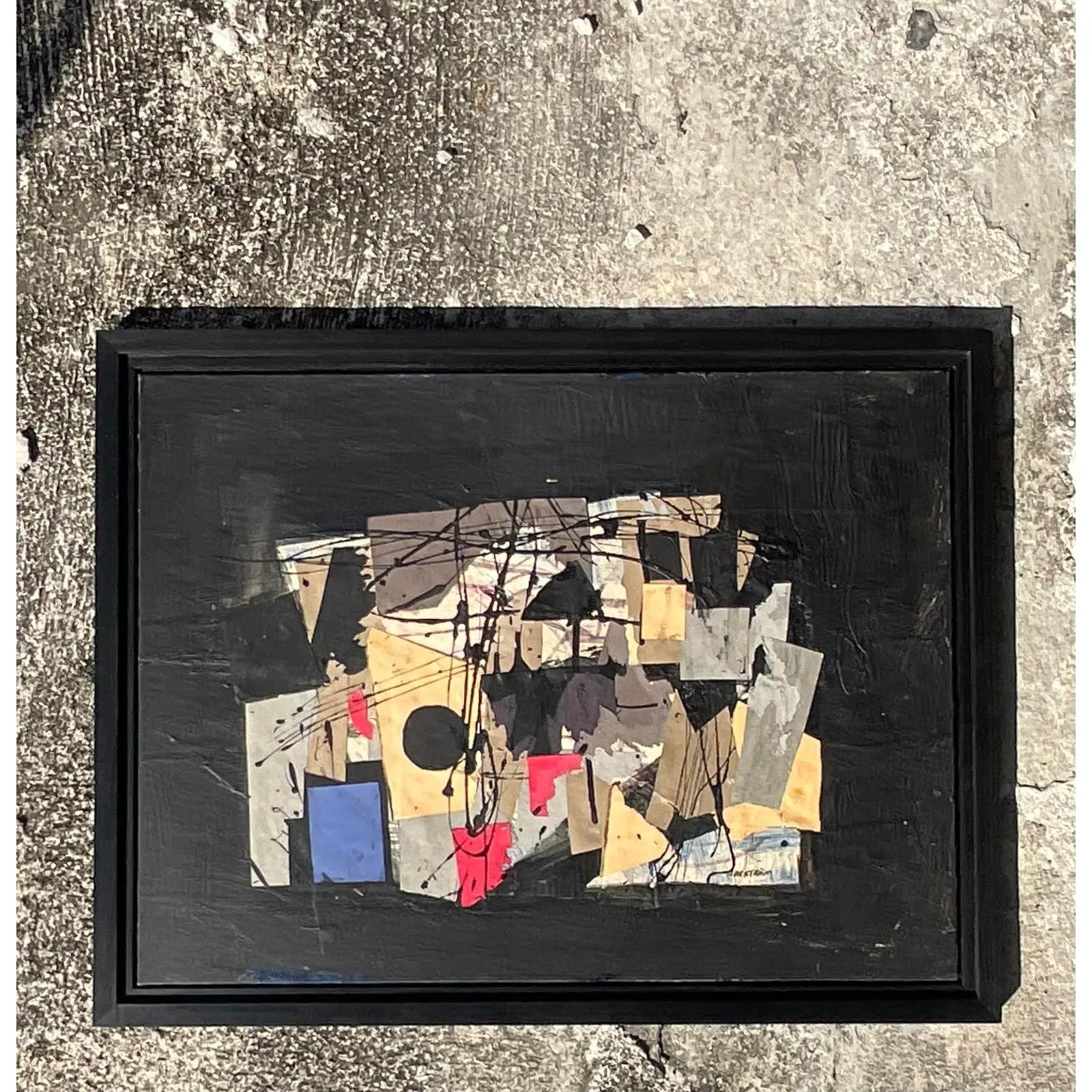 20th Century Vintage MidCentury Mixed Media Abstract Original Oil Painting on Board For Sale