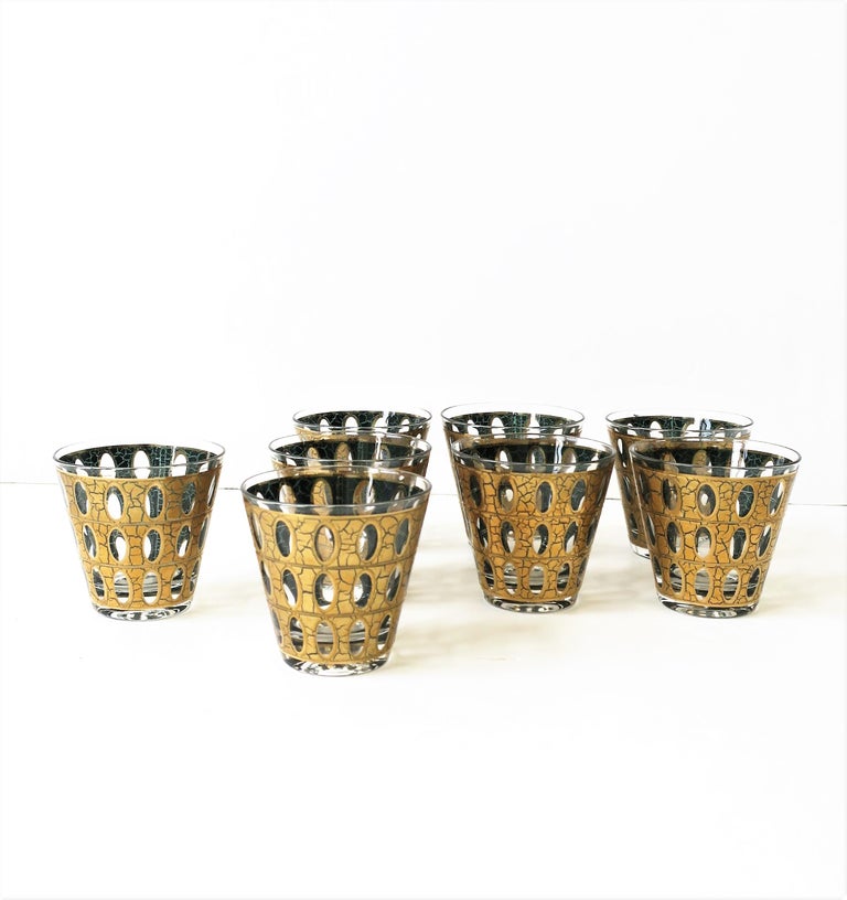Polychromed Midcentury Modern Barware Gold Cocktail Rocks Glasses, ca. 1960s, Set 8 For Sale