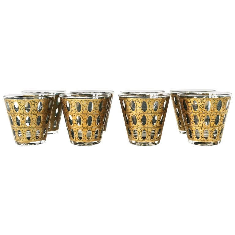 Midcentury Modern Barware Gold Cocktail Rocks Glasses, ca. 1960s, Set 8 For Sale