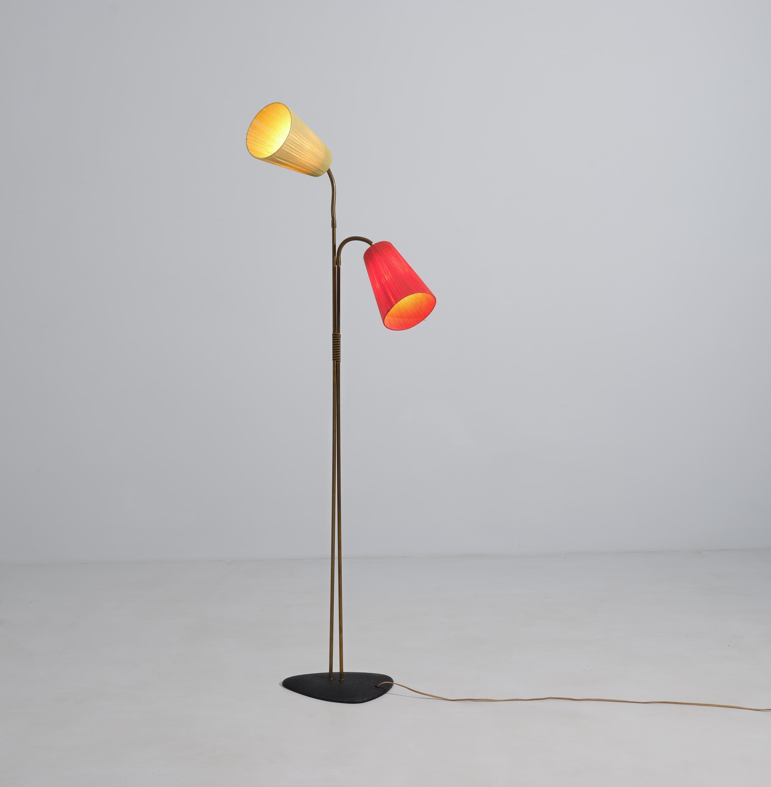 Metal Vintage Mid-Century Modern Floor Lamp: Dual-Light Stand with Colored Diffusers For Sale