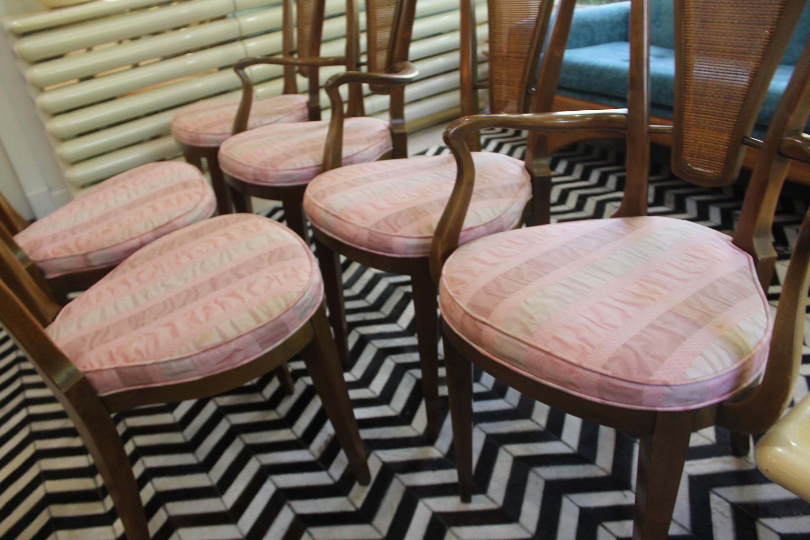 Exquisite vintage Midcentury Modern Romweber Set of 6 Dining Chairs. Features high back cane details with brass accents. Two arm chairs and four armless chairs. Original pink fabric stripped upholstery in good vintage condition. No rips or stains.