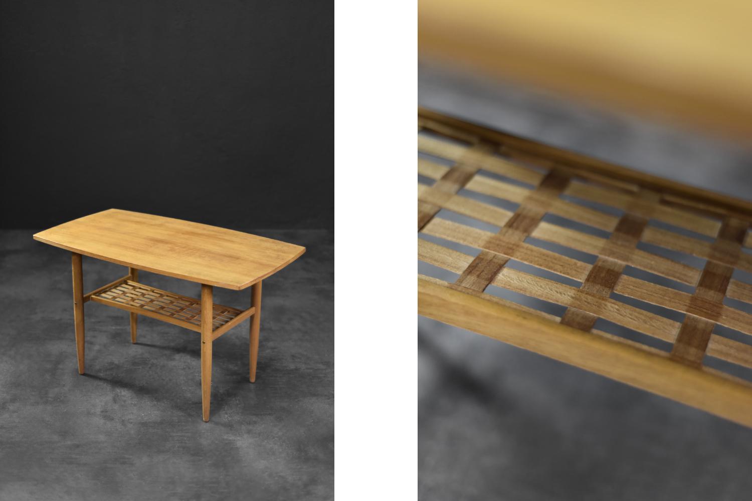 Scandinave moderne Table basse scandinave moderne du milieu du siècle dernier en merisier avec étagère tissée en vente