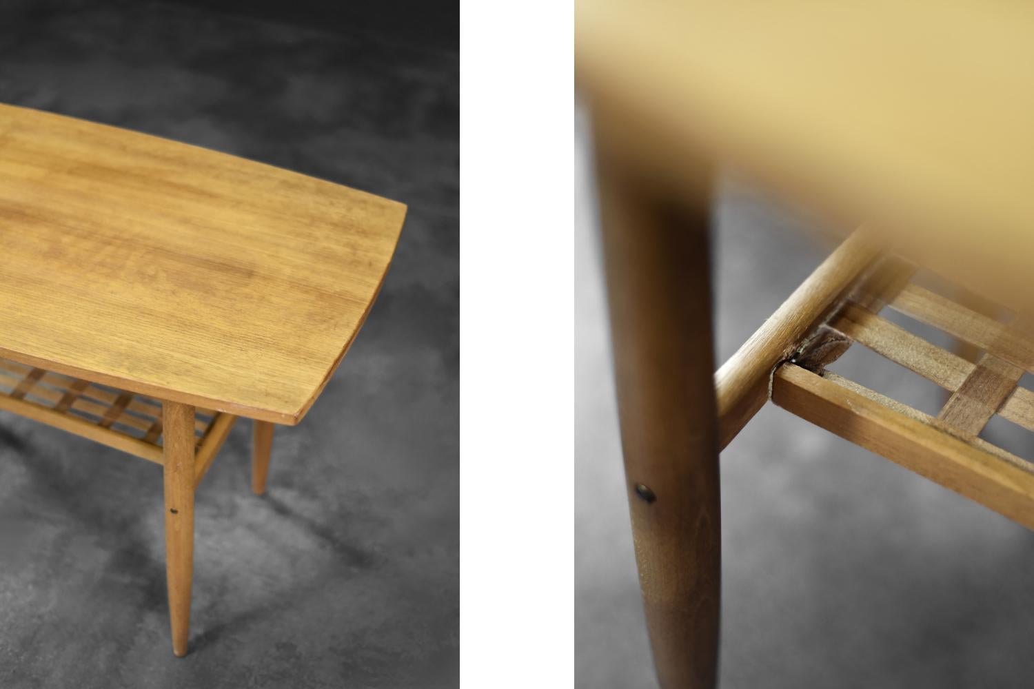 Scandinave Table basse scandinave moderne du milieu du siècle dernier en merisier avec étagère tissée en vente