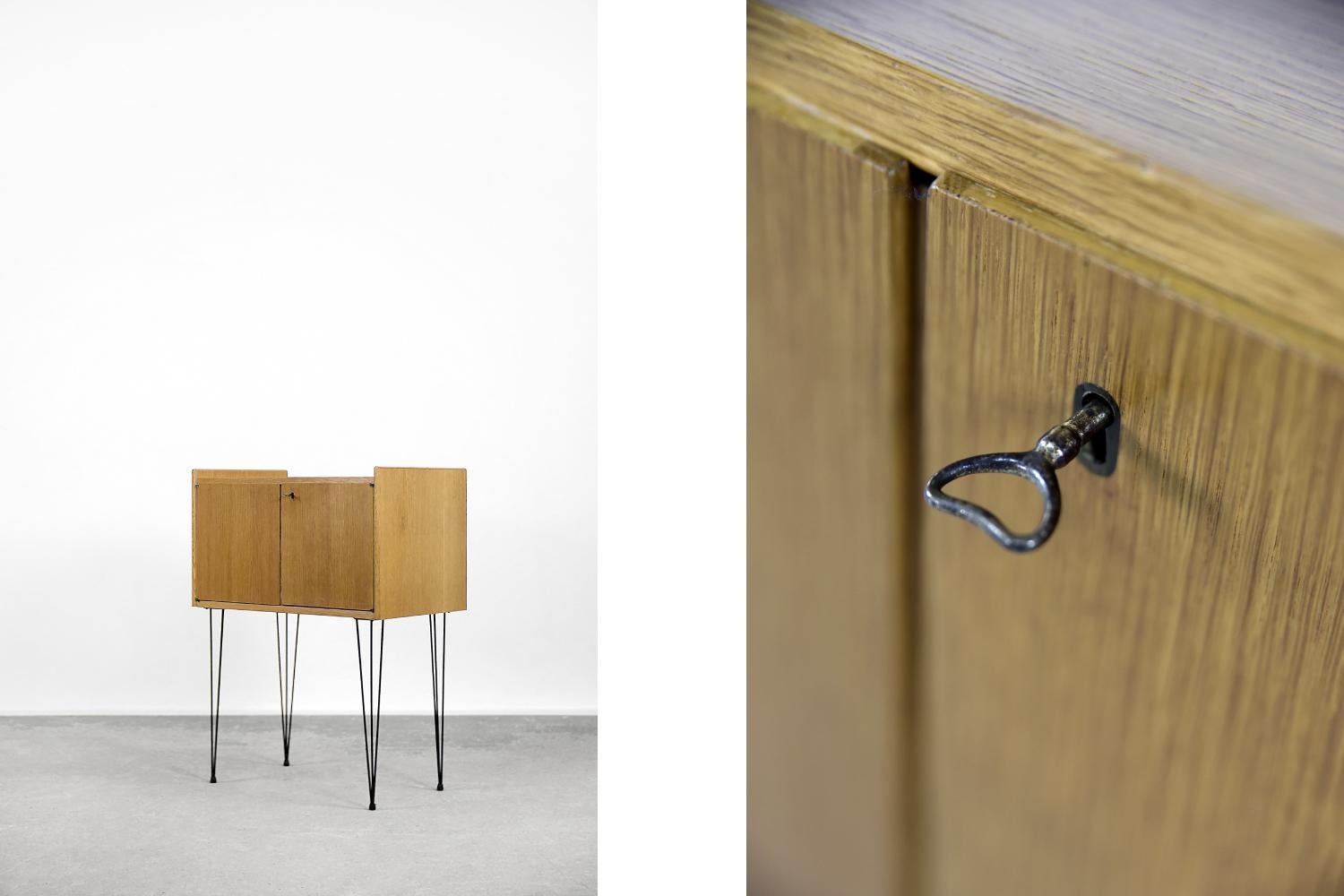 Swedish Vintage Midcentury Modern Scandinavian Teak Wood Cabinet with Metal Hairpin Legs For Sale