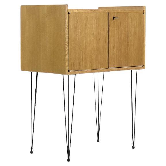 Vintage Midcentury Modern Scandinavian Teak Wood Cabinet with Metal Hairpin Legs For Sale