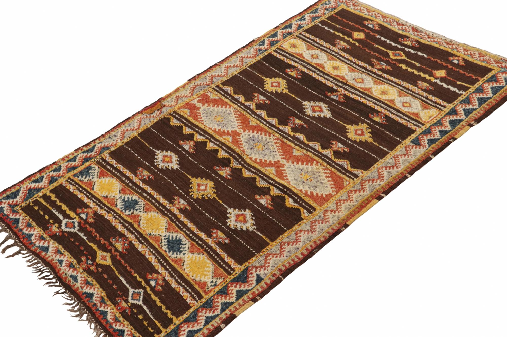 Hand-Woven Vintage Moroccan Kilim rug in Brown with Geometric Patterns For Sale