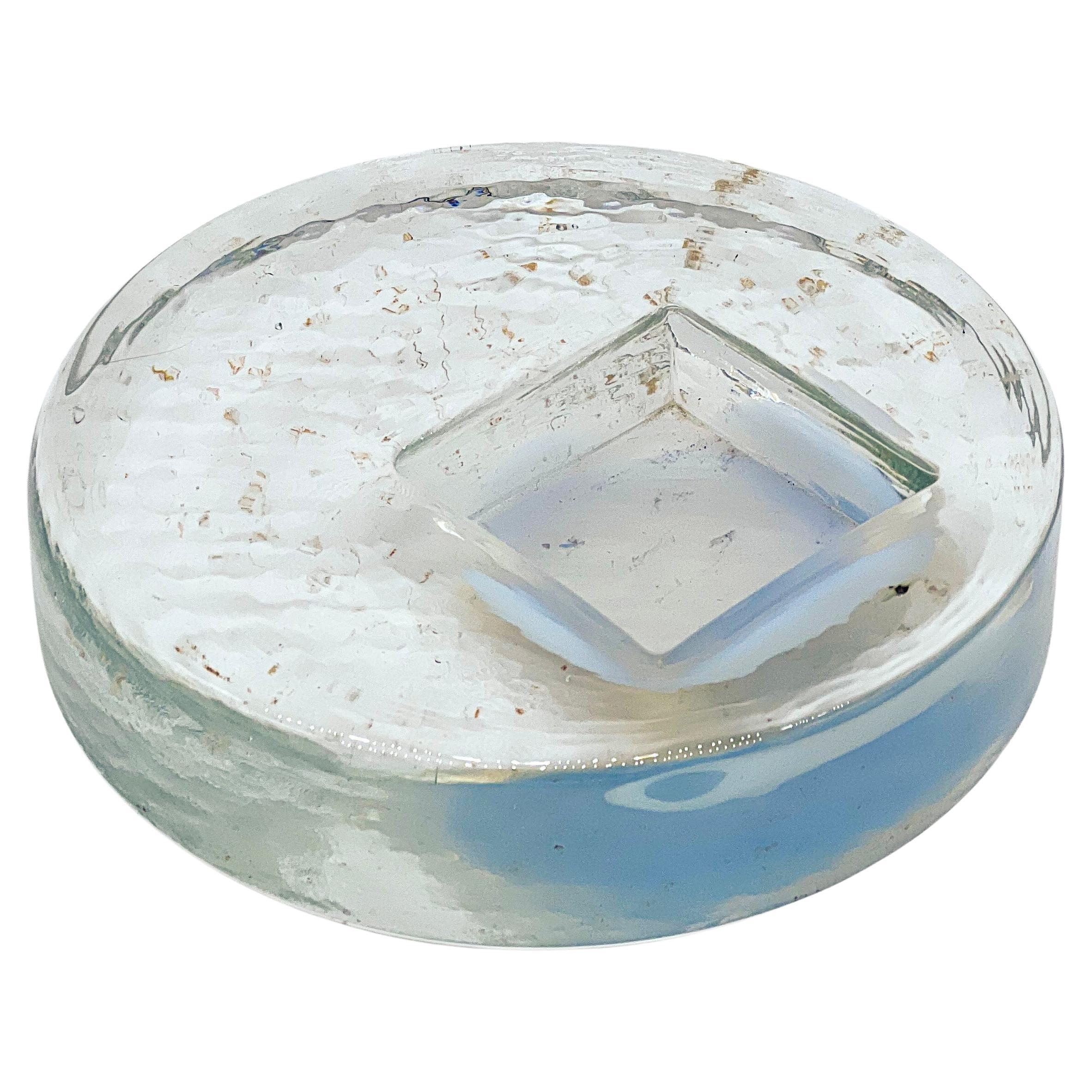 Vintage Midcentury Murano Glass Ashtray in Frosted Glass with Blue Accents For Sale