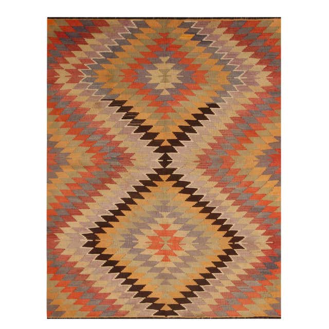 Multicolour Wool Rug Vintage Midcentury Geometric-Floral Beige Multi-Color Wool Rug For Sale ...