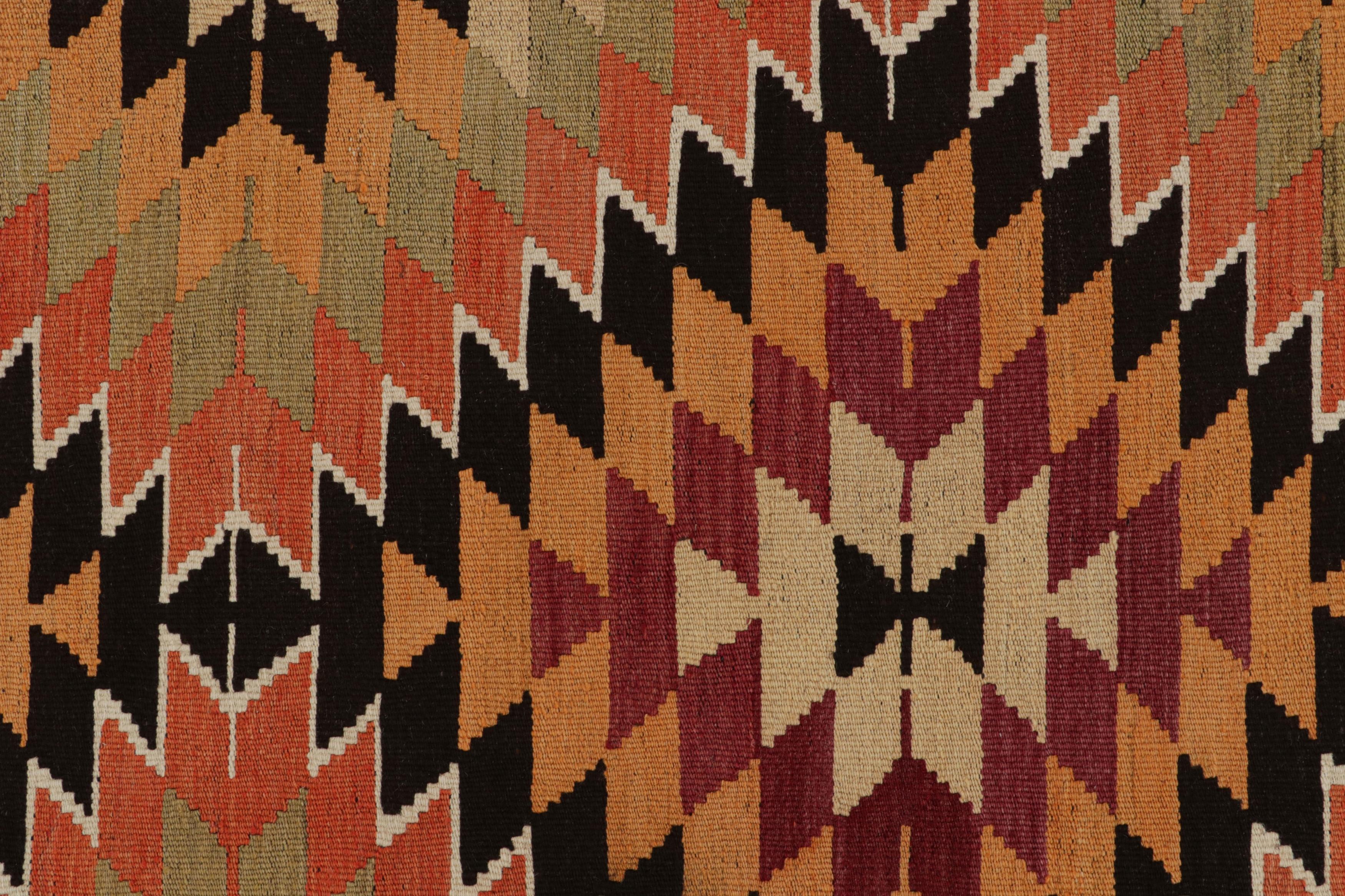 Turkish Vintage Midcentury Mut Geometric Green Orange Wool Kilim Rug by Rug & Kilim For Sale
