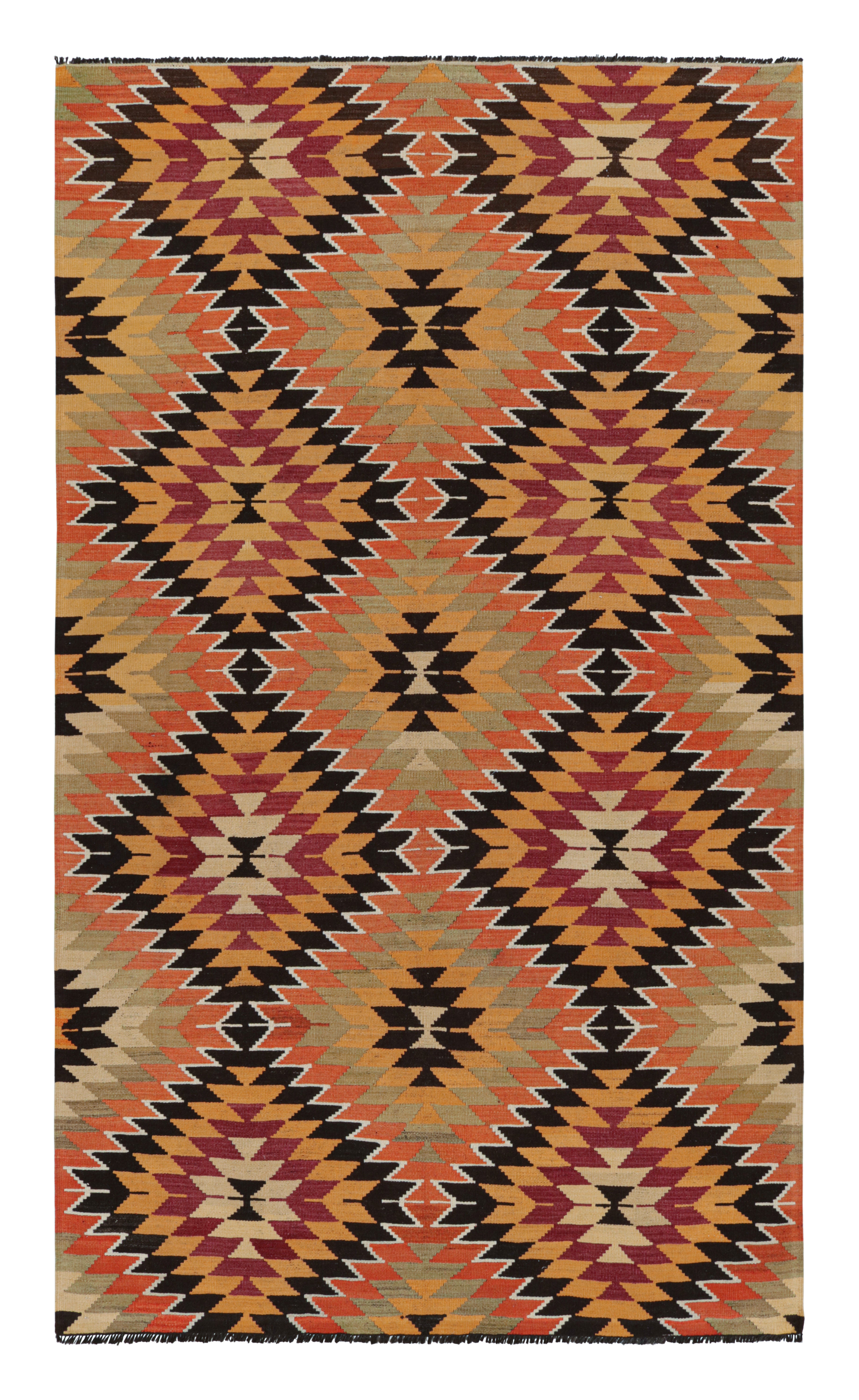 Vintage Midcentury Mut Geometric Green Orange Wool Kilim Rug by Rug & Kilim For Sale