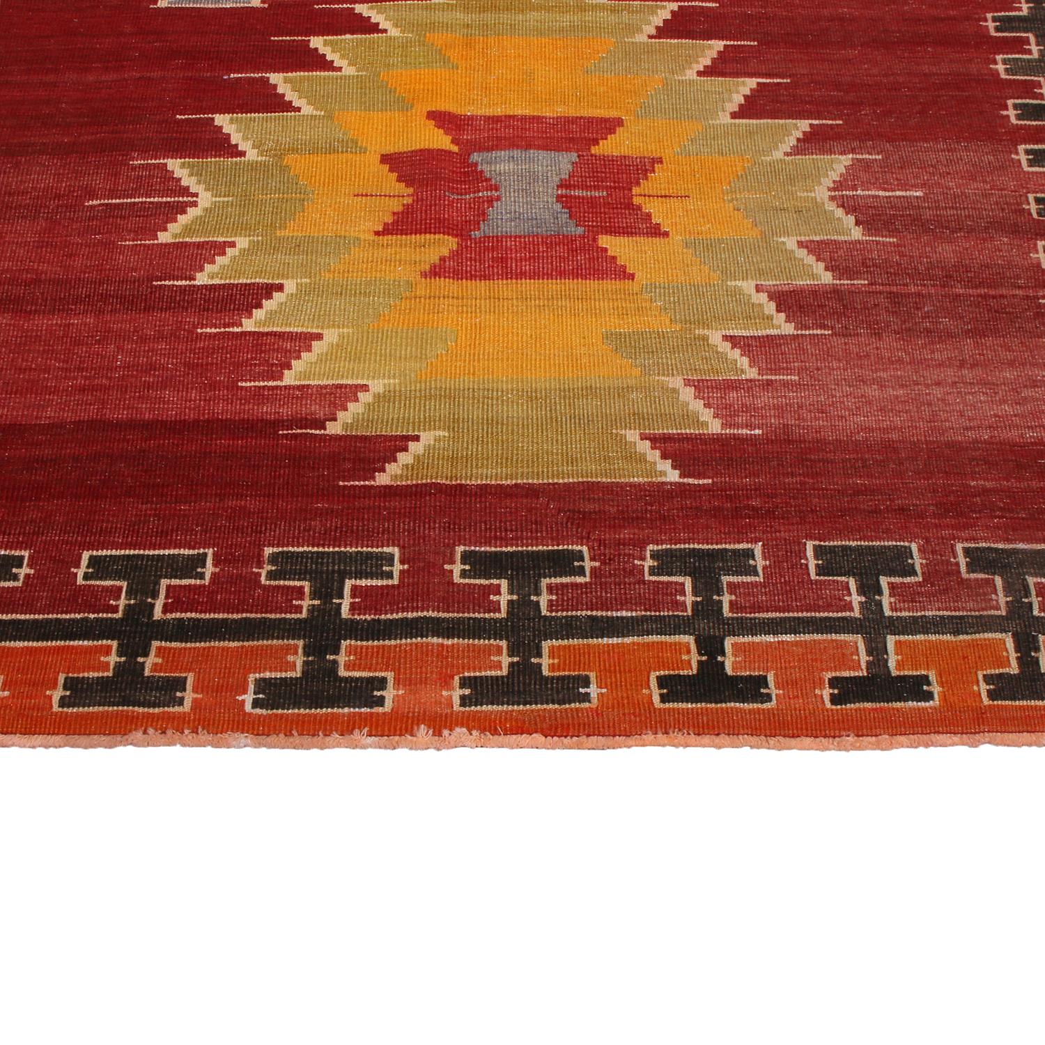 Turkish Vintage Midcentury Mut Red-Orange Wool Tribal Kilim Rug by Rug & Kilim