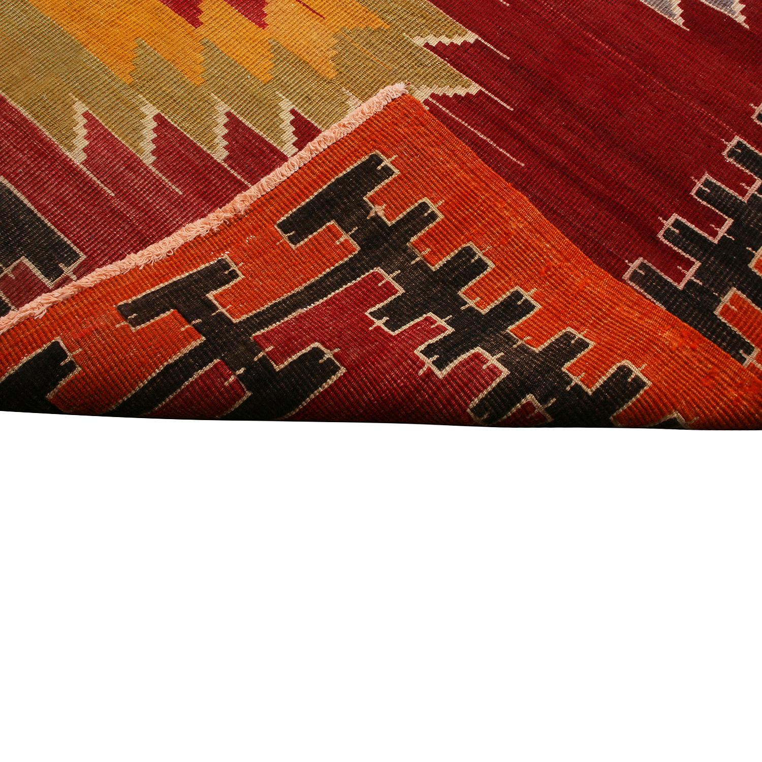 Hand-Woven Vintage Midcentury Mut Red-Orange Wool Tribal Kilim Rug by Rug & Kilim