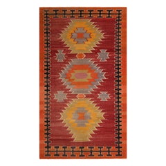 Vintage Midcentury Mut Red-Orange Wool Tribal Kilim Rug