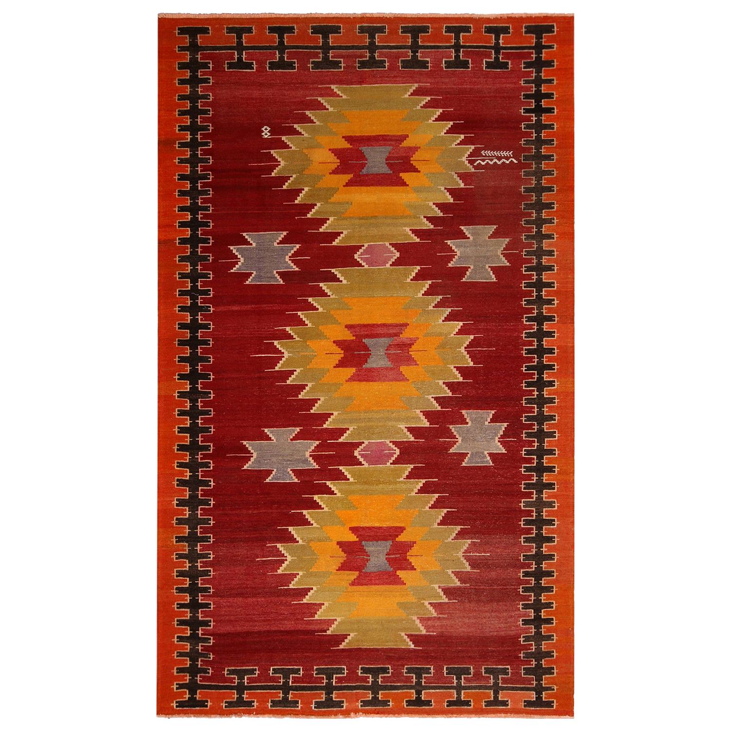 Vintage Midcentury Mut Red-Orange Wool Tribal Kilim Rug by Rug & Kilim