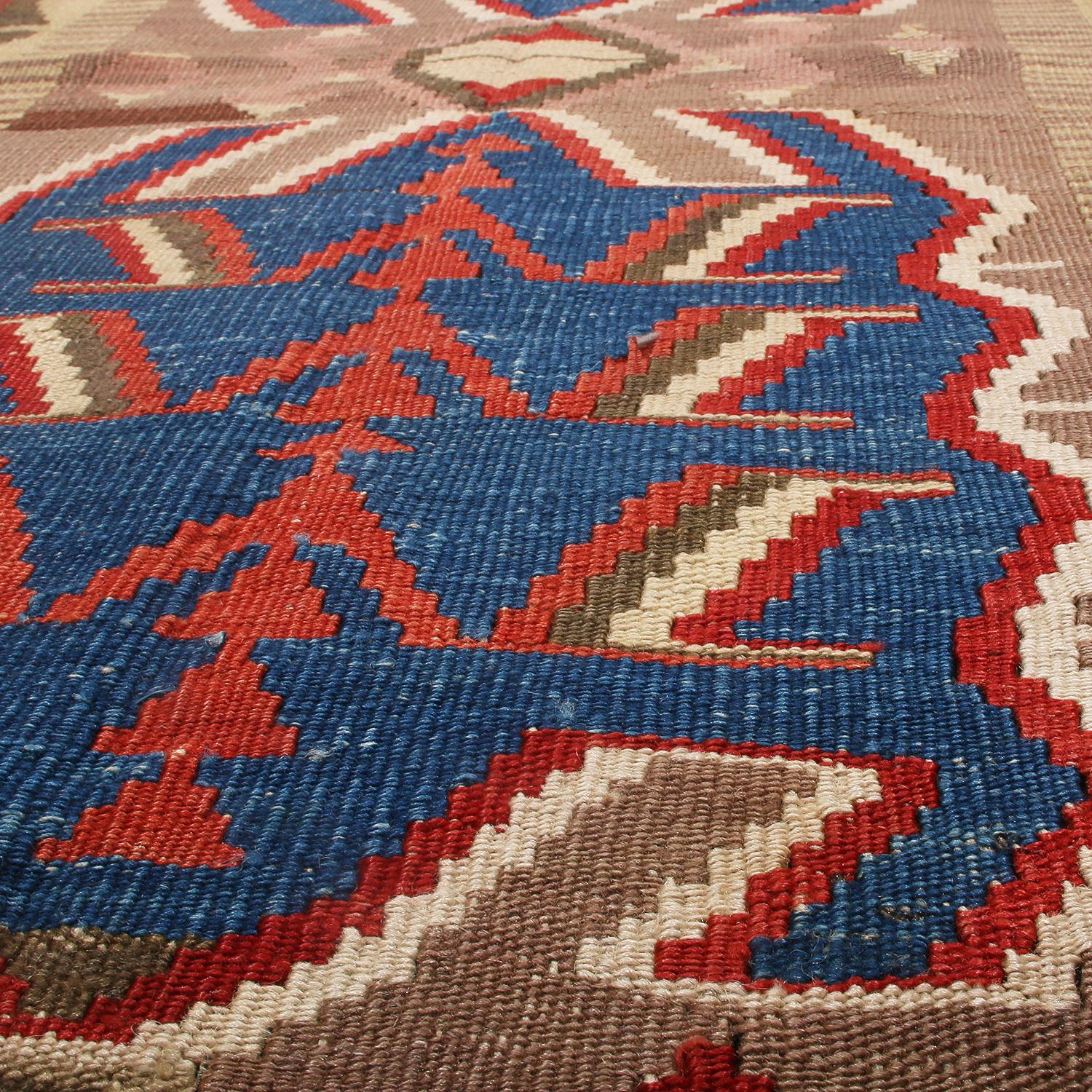 Hand-Woven Vintage Midcentury Beige and Red Wool Kilim Rug, Blue Medallion by Rug & Kilim For Sale