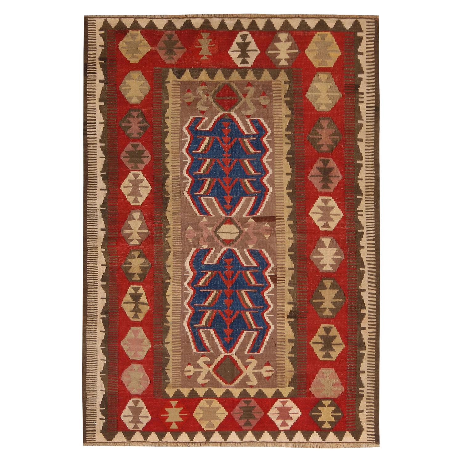 Vintage Midcentury Beige and Red Wool Kilim Rug, Blue Medallion by Rug & Kilim For Sale