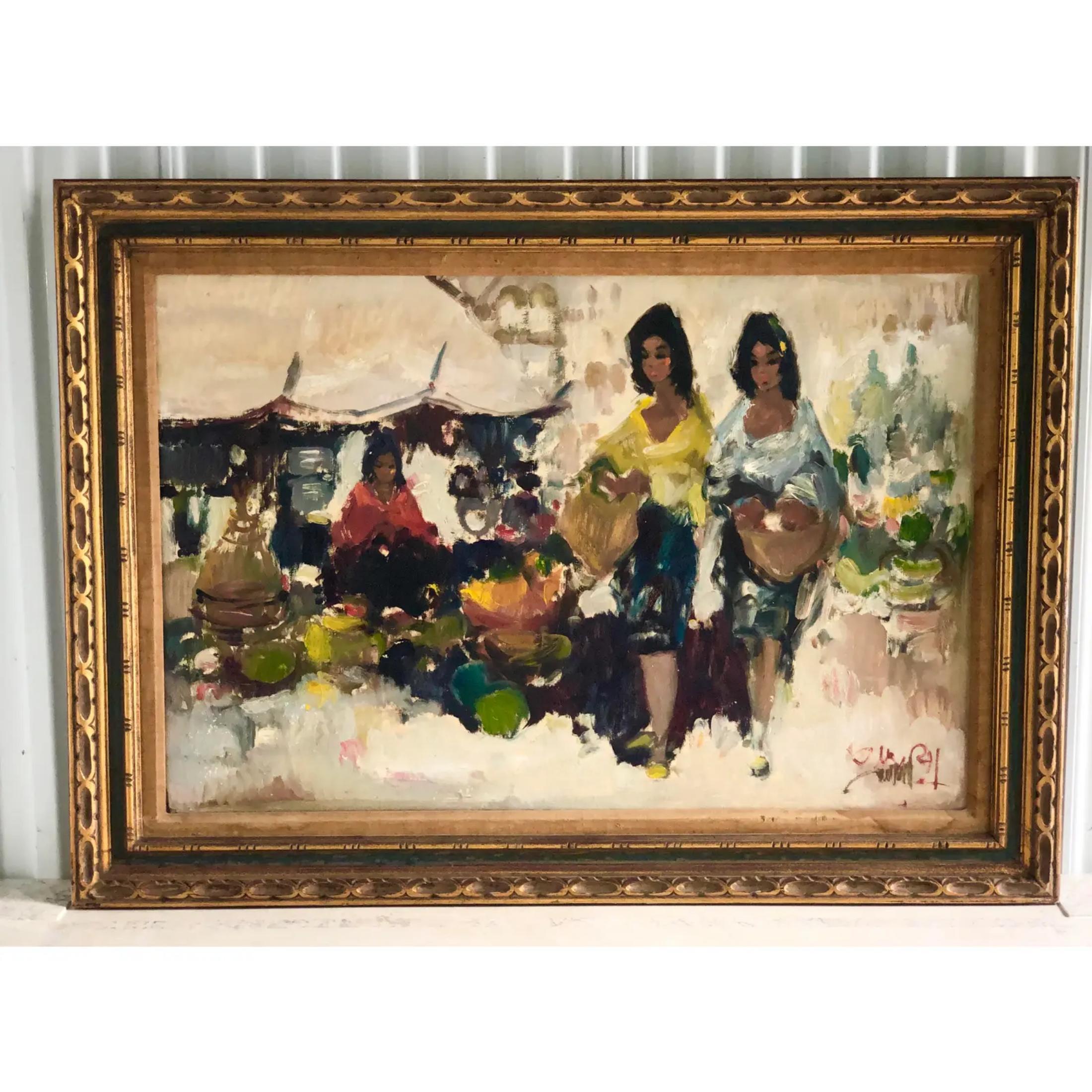 Vintage Midcentury Oil Painting of Tourists Signed For Sale 4