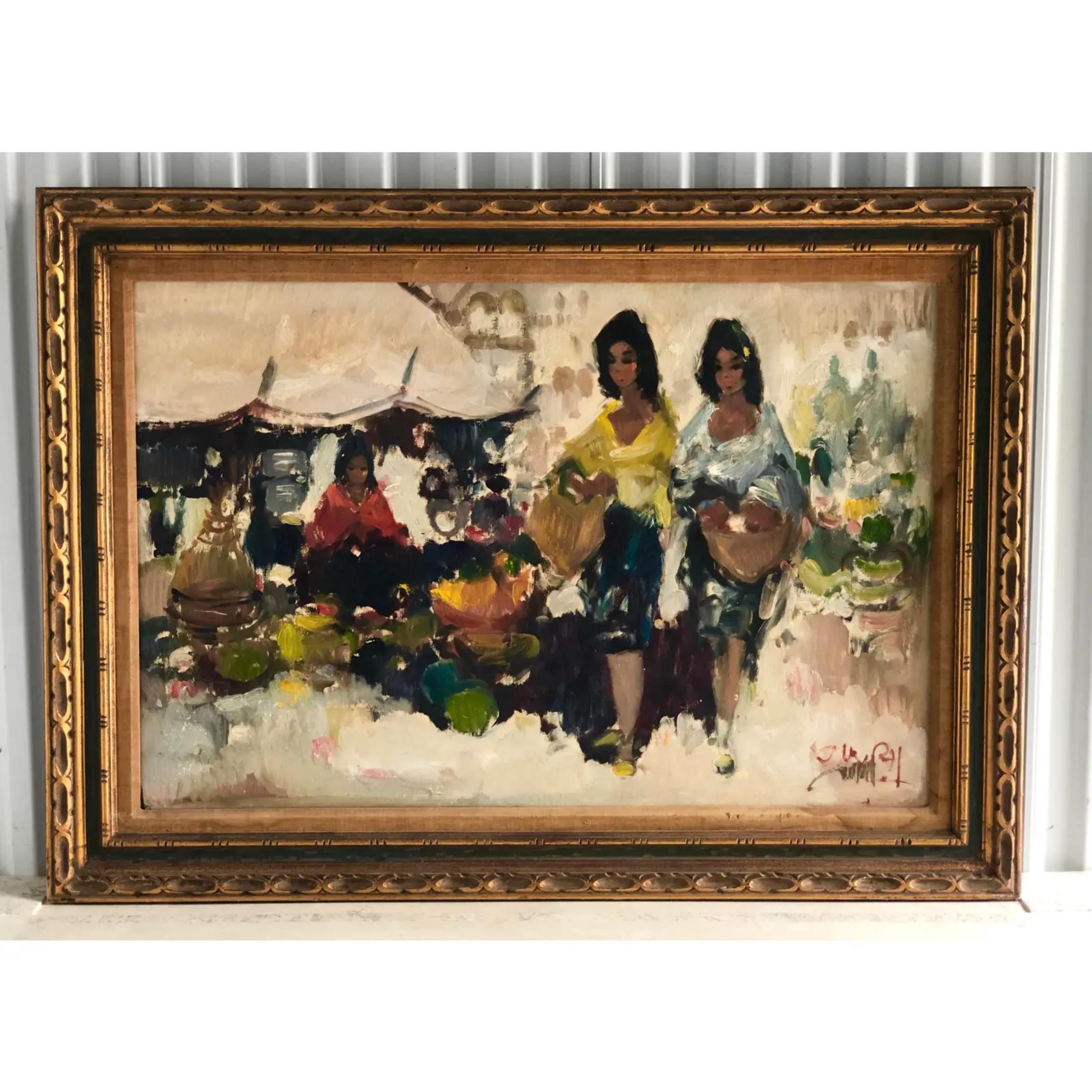 Vintage Midcentury Oil Painting of Tourists Signed For Sale 6