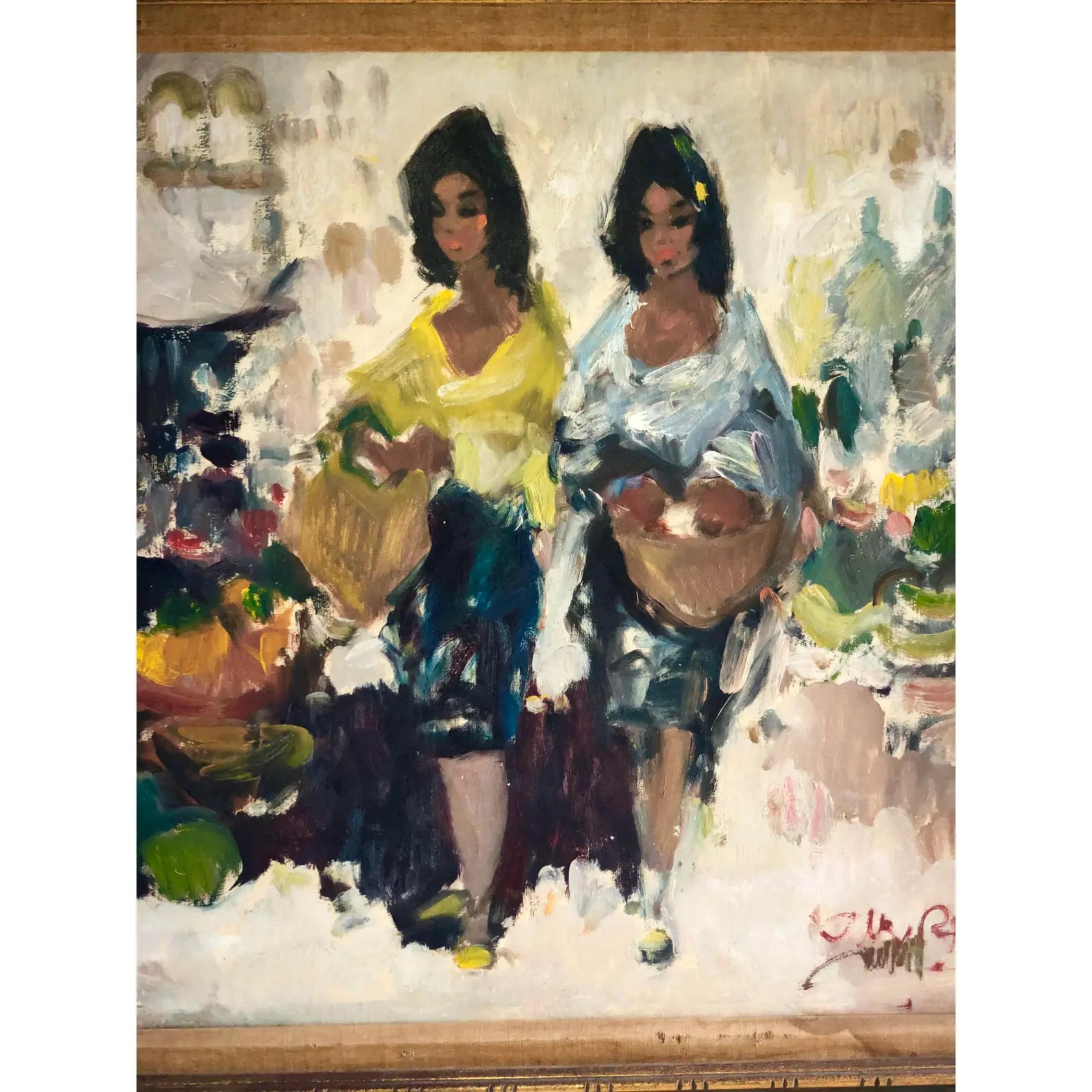 Vintage Midcentury Oil Painting of Tourists Signed For Sale 1