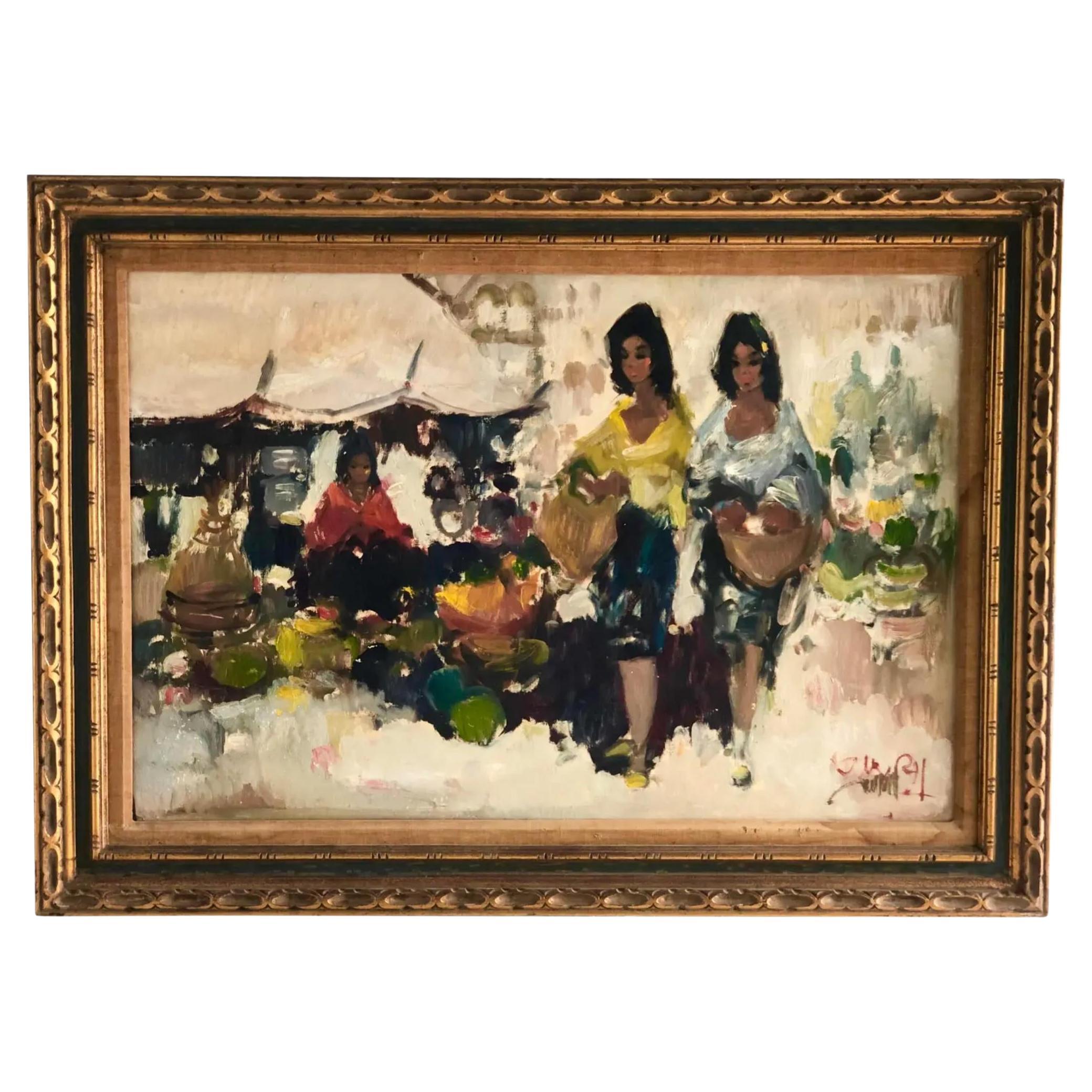 Vintage Midcentury Oil Painting of Tourists Signed For Sale