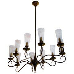 Vintage Midcentury Oval Brass and Murano Glass Chandelier, circa 1950s