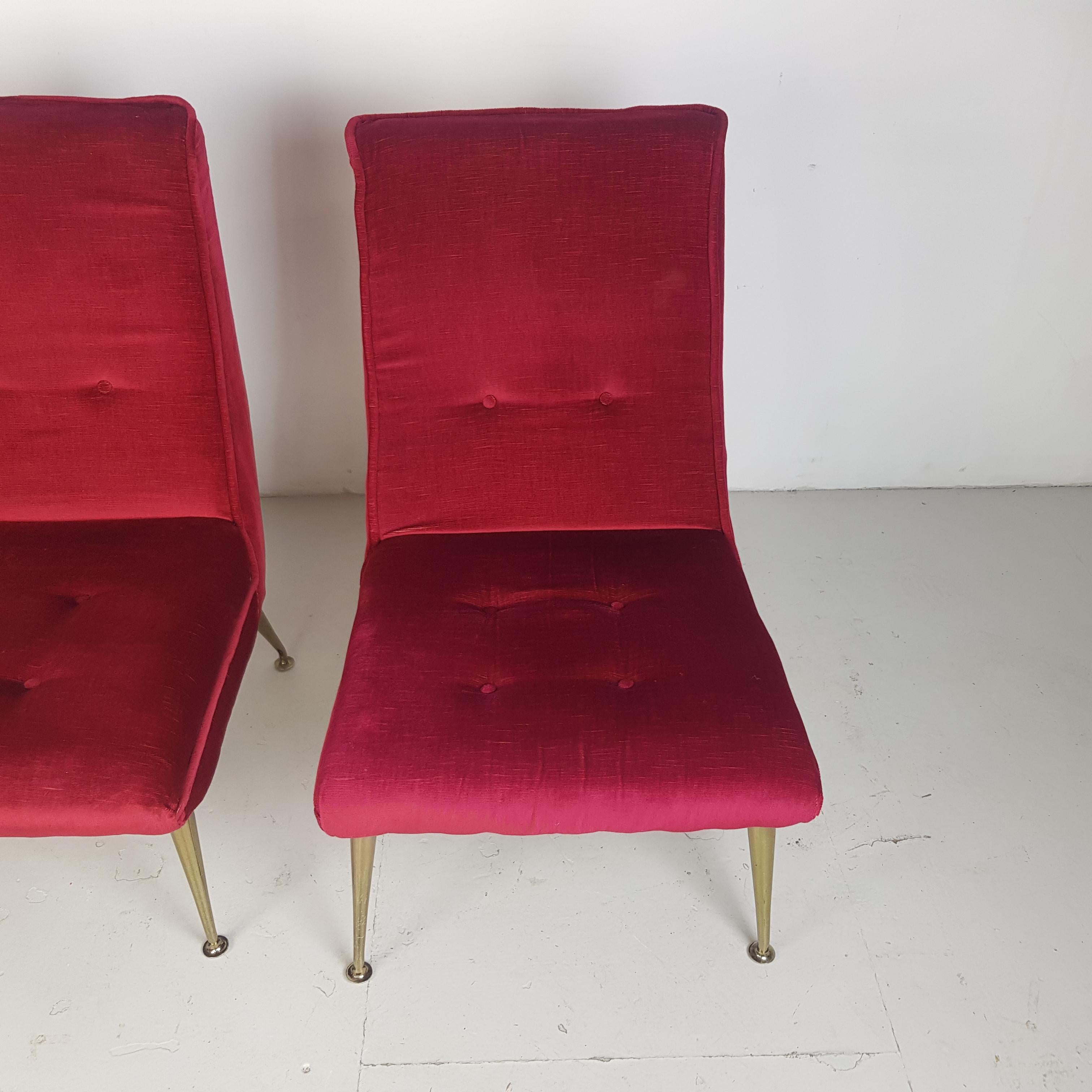 20th Century Vintage Midcentury Pair of 1950s Red Velvet and Brass Cocktail Chairs For Sale